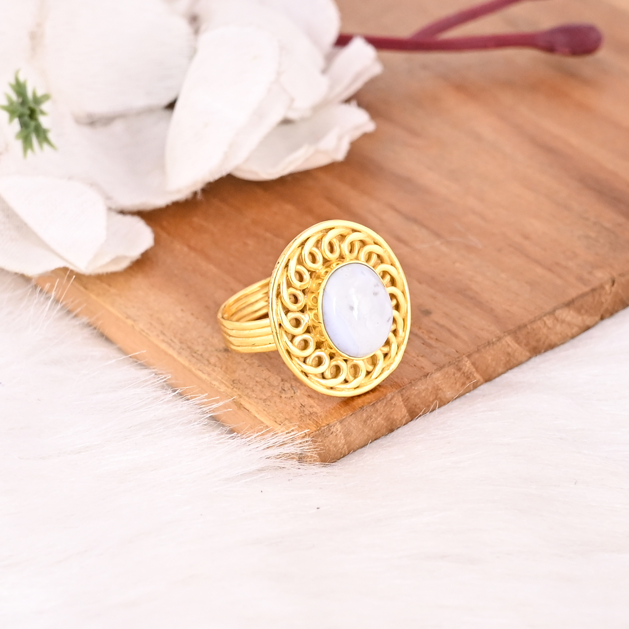 Blue Lace Agate Natural Stone Brass Ring for Women Gold Plated Fashion Jewelry