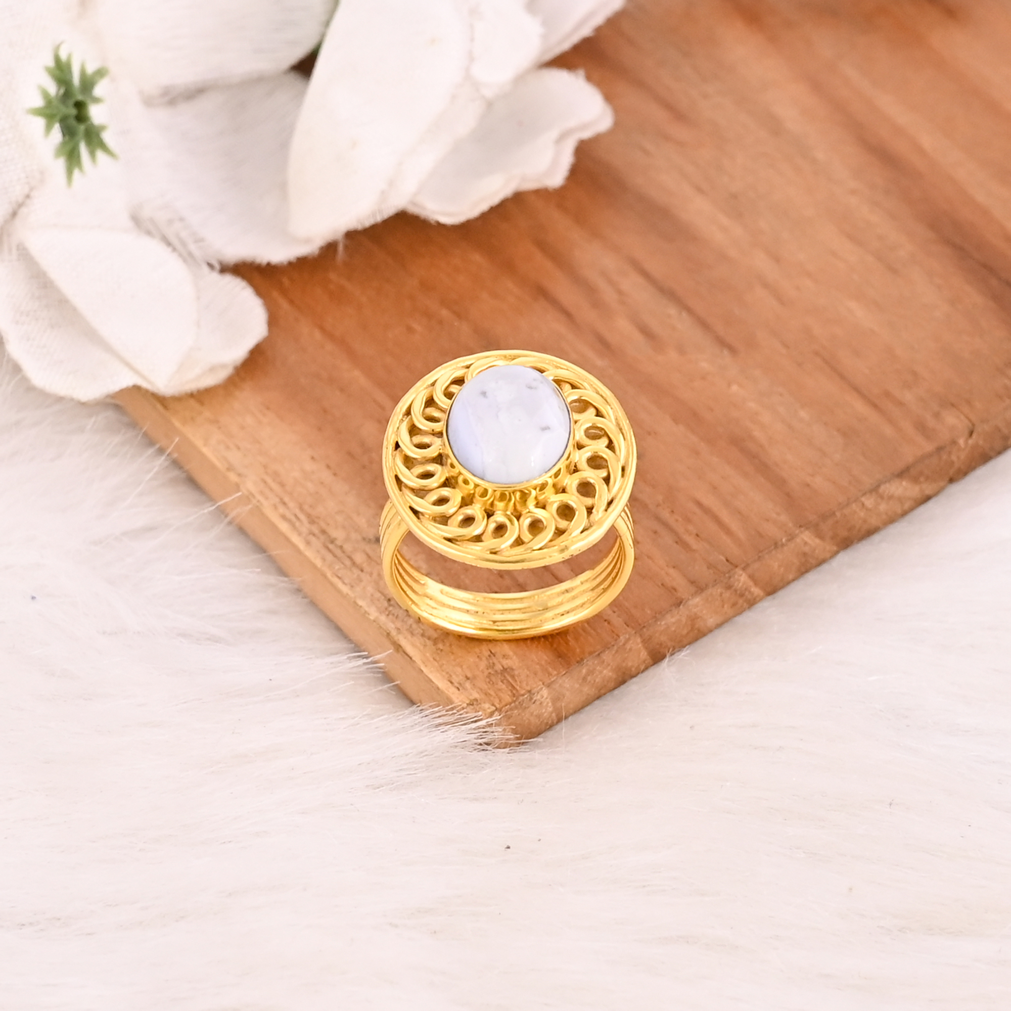 Blue Lace Agate Natural Stone Brass Ring for Women Gold Plated Fashion Jewelry