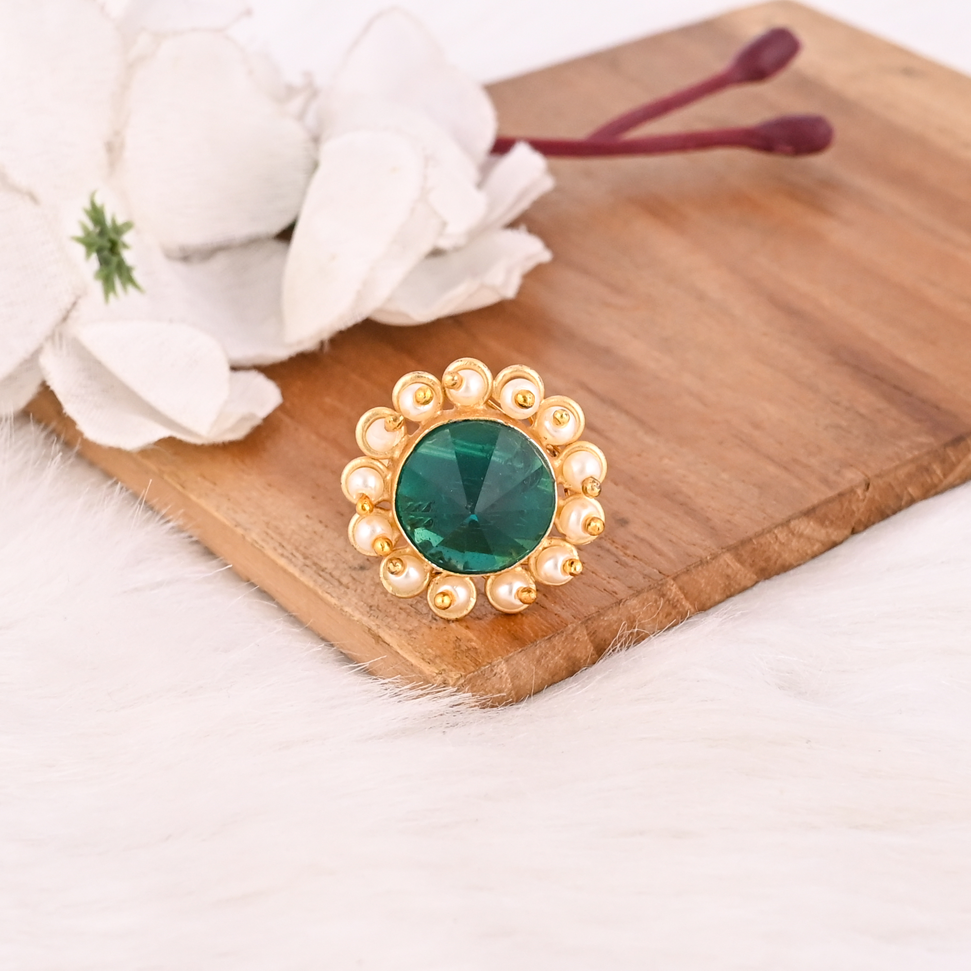 Apatite  Pearl Hydro Ring for Women Gold Plated Adjustable Fashion Jewelry