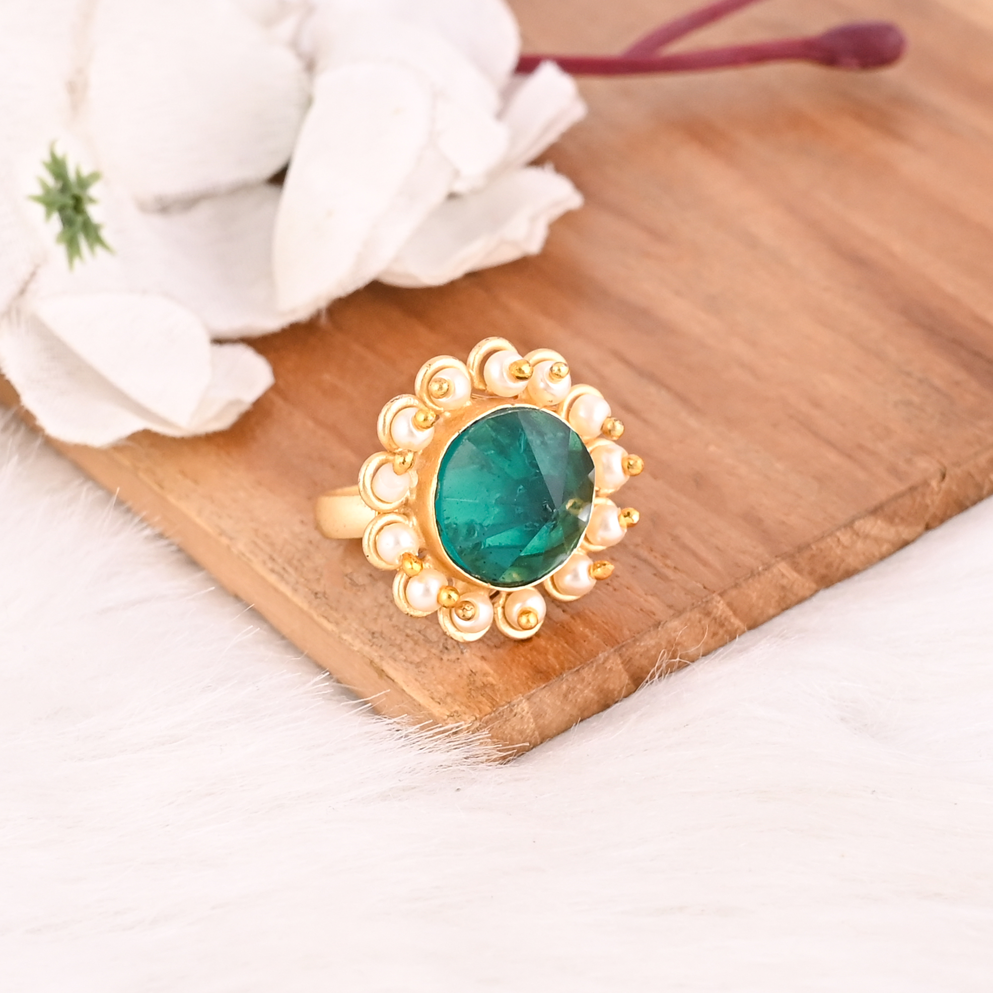 Apatite  Pearl Hydro Ring for Women Gold Plated Adjustable Fashion Jewelry