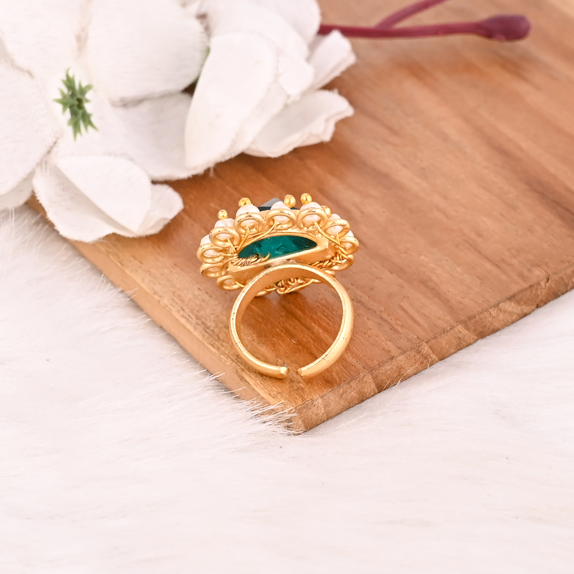 Apatite  Pearl Hydro Ring for Women Gold Plated Adjustable Fashion Jewelry