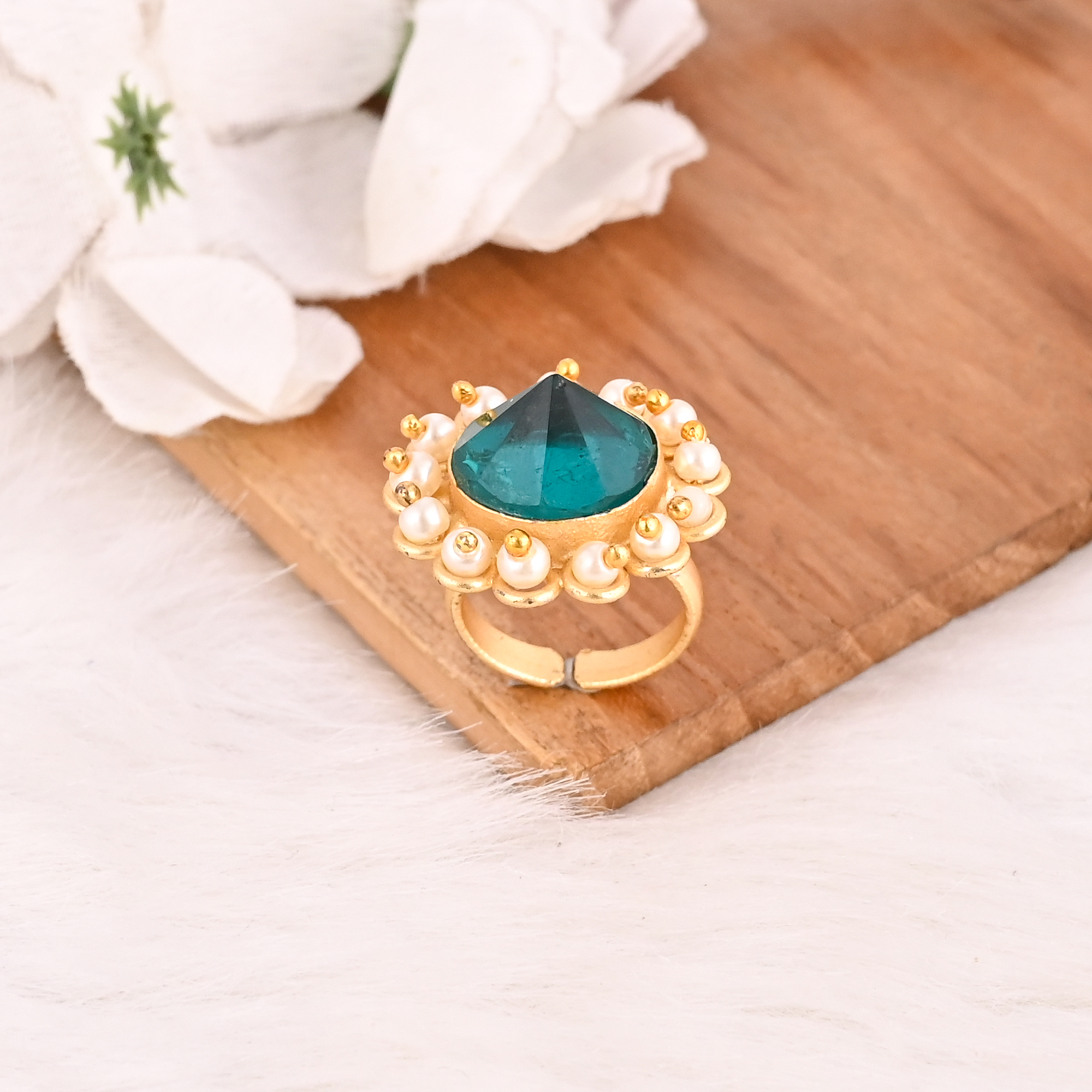 Apatite  Pearl Hydro Ring for Women Gold Plated Adjustable Fashion Jewelry