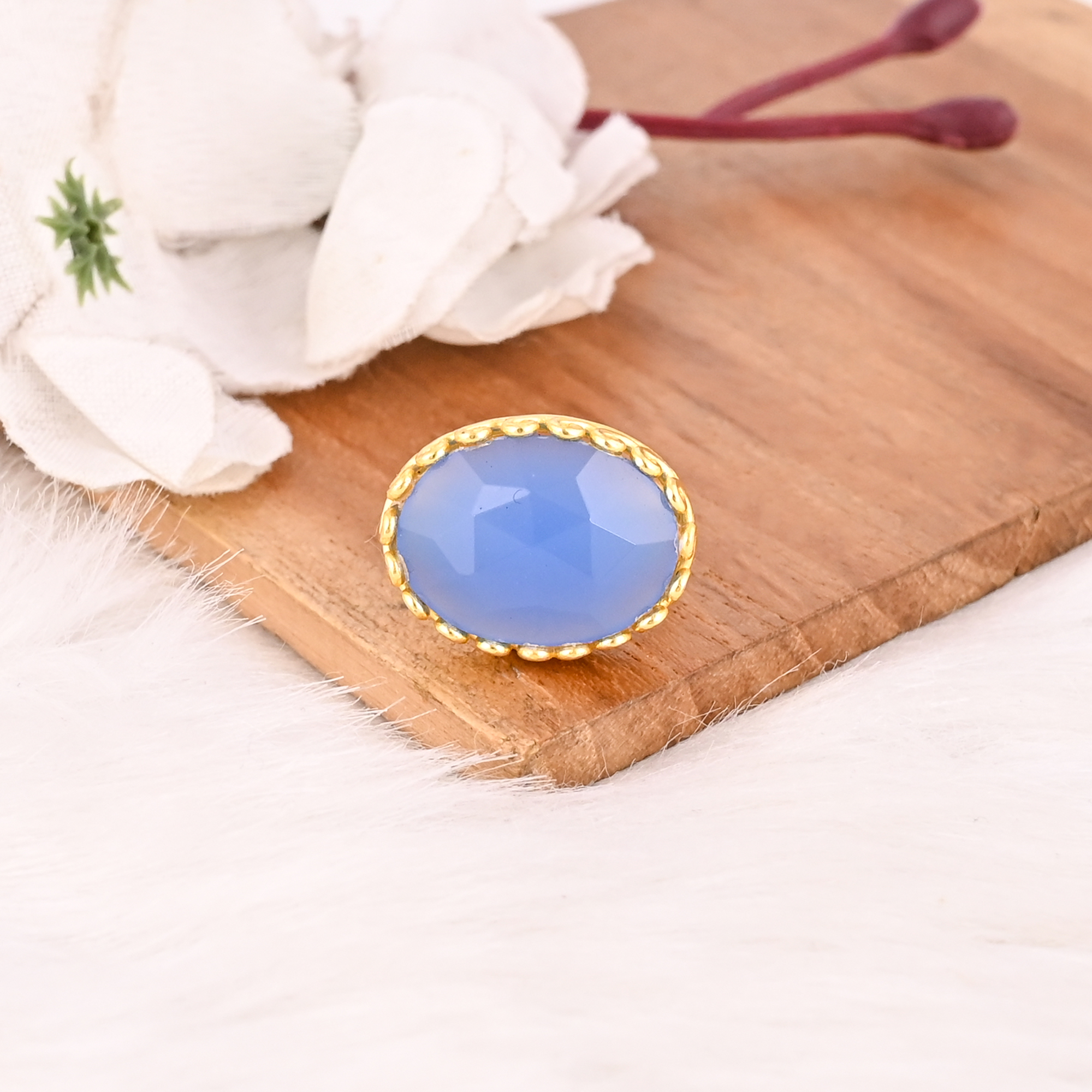 Fashion Blue Chalcedony Stone Ring Handmade Gemstone Jewelry for Women