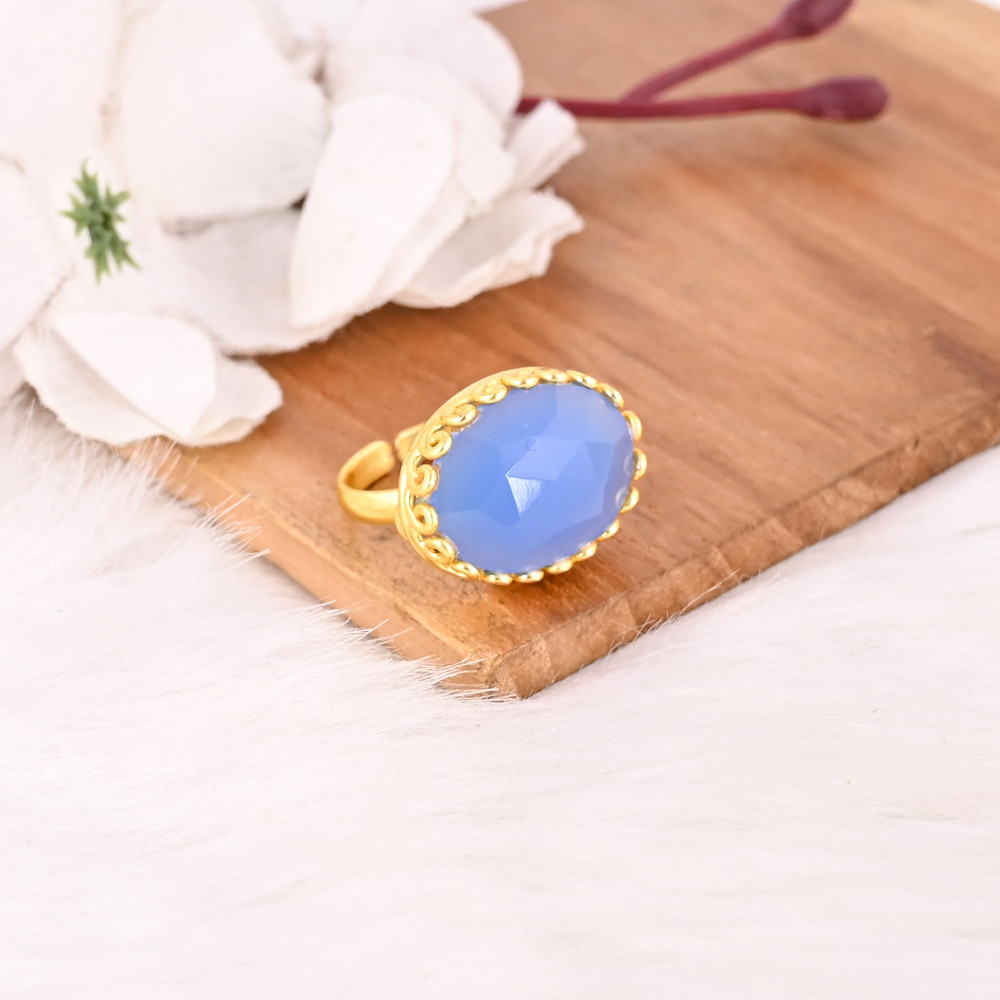 Image of Fashion Blue Chalcedony Stone Ring Handmade Gemstone Jewelry for Women