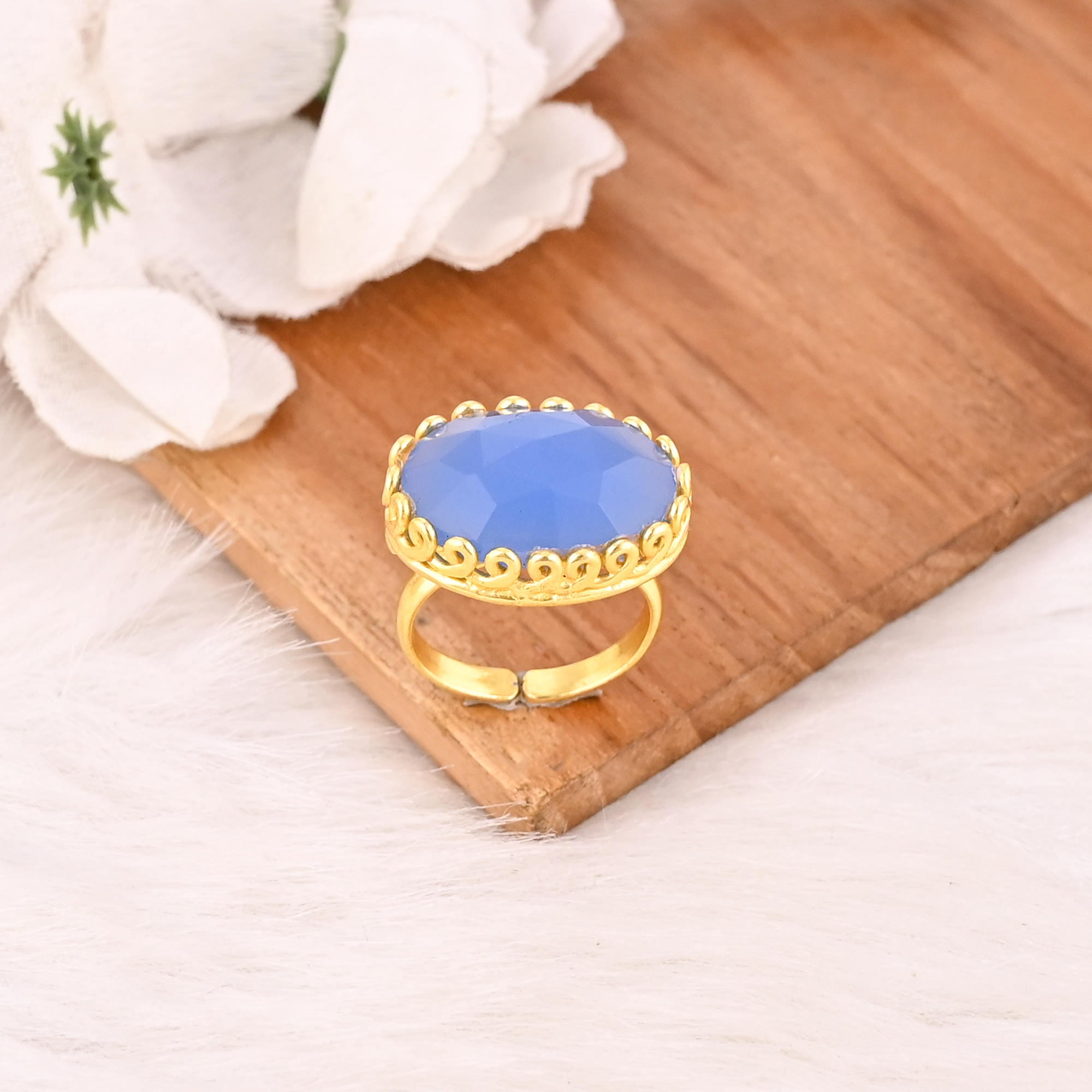 Fashion Blue Chalcedony Stone Ring Handmade Gemstone Jewelry for Women