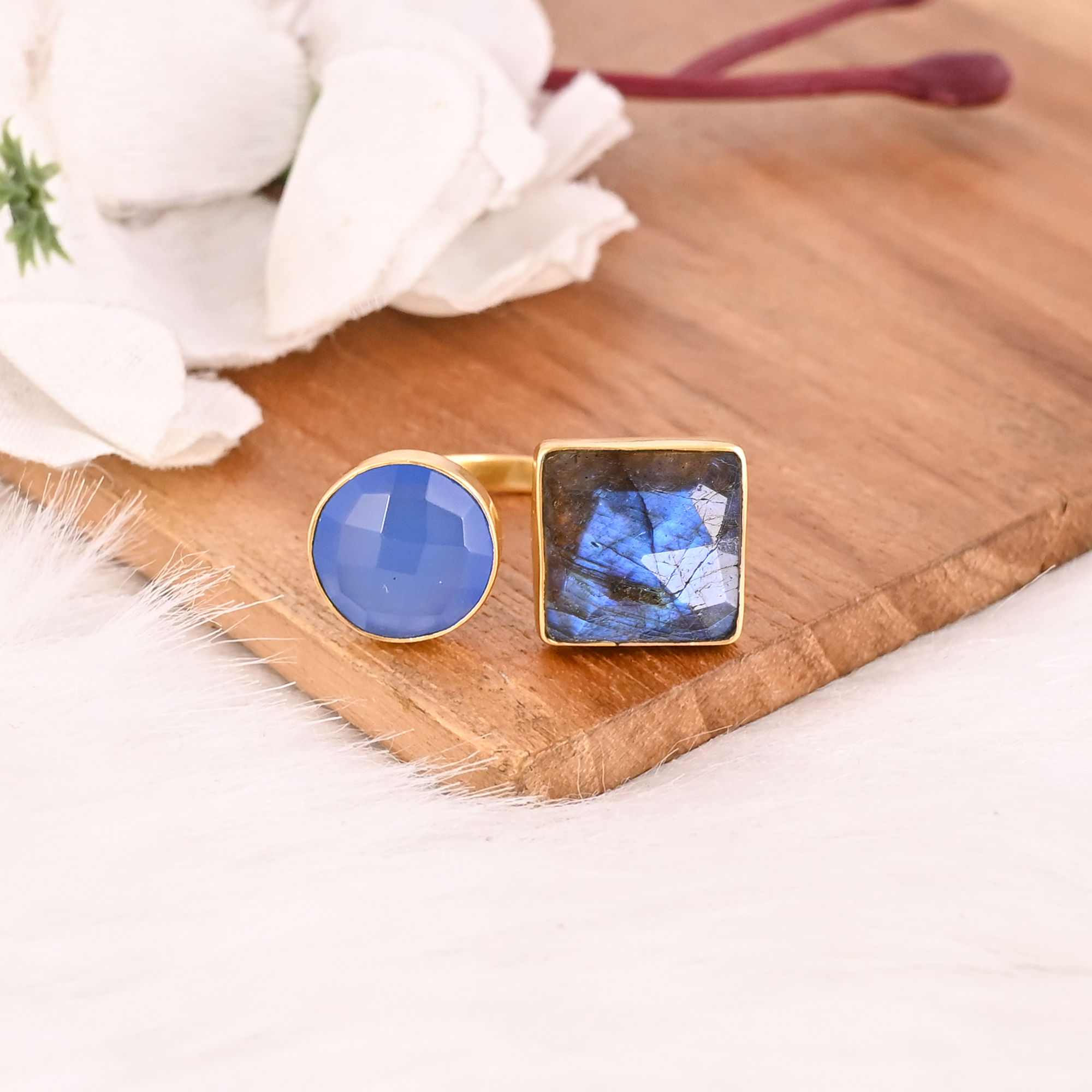 Designer Labradorite  Blue Chalcedony Two Stone Ring Gold Plated Adjustable Fashion Jewelry for Women
