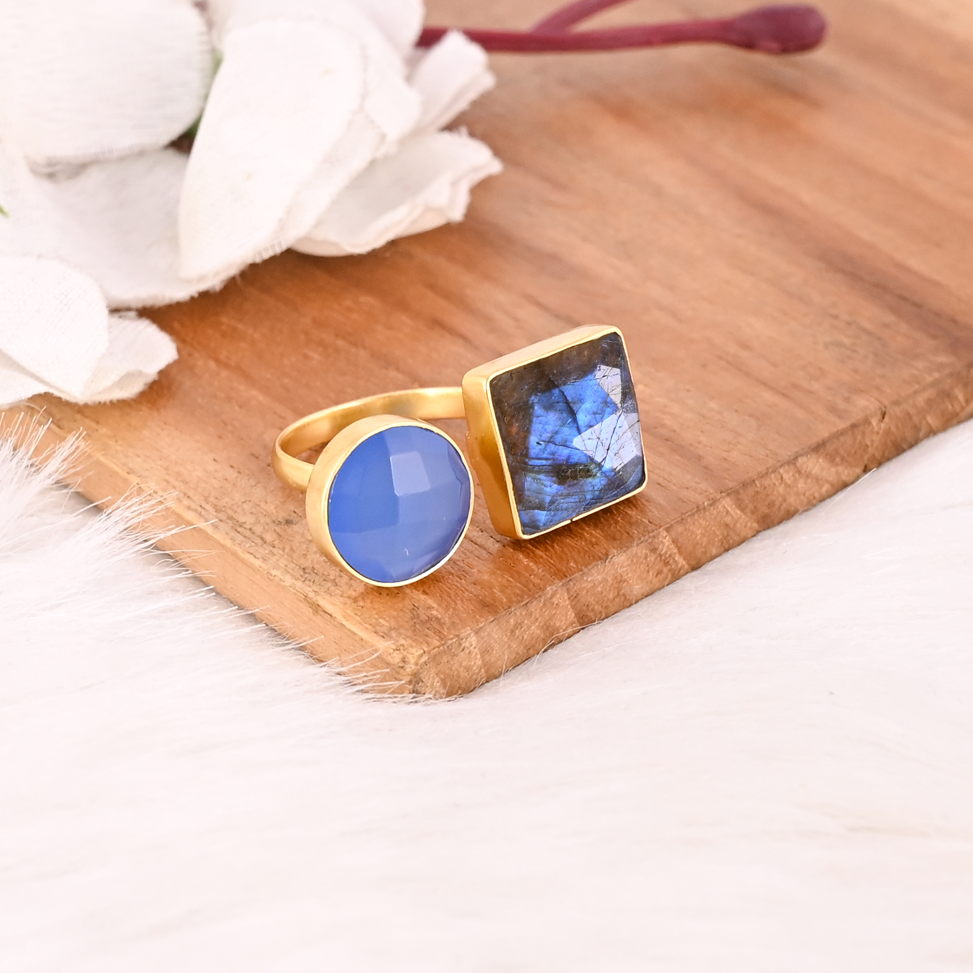 Designer Labradorite  Blue Chalcedony Two Stone Ring Gold Plated Adjustable Fashion Jewelry for Women