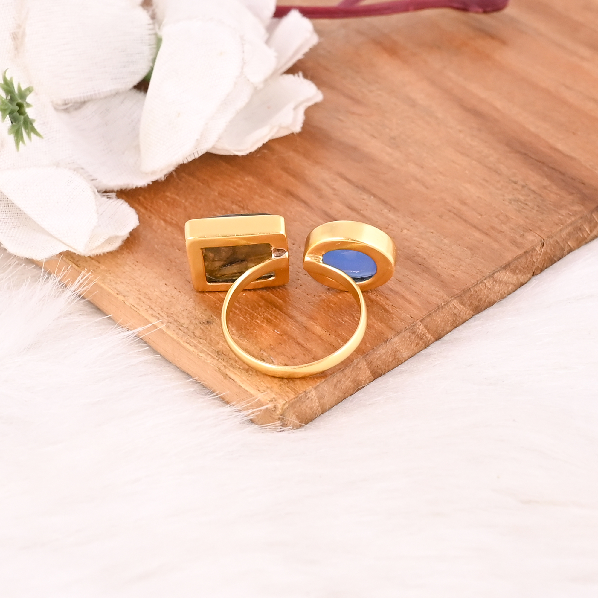 Designer Labradorite  Blue Chalcedony Two Stone Ring Gold Plated Adjustable Fashion Jewelry for Women