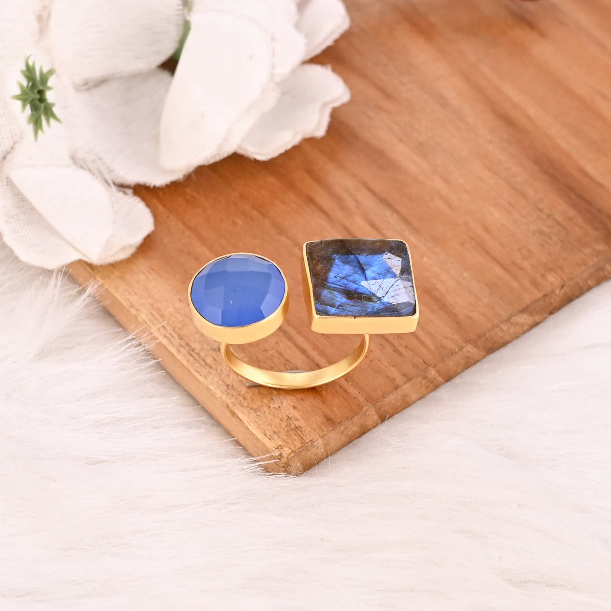 Designer Labradorite  Blue Chalcedony Two Stone Ring Gold Plated Adjustable Fashion Jewelry for Women