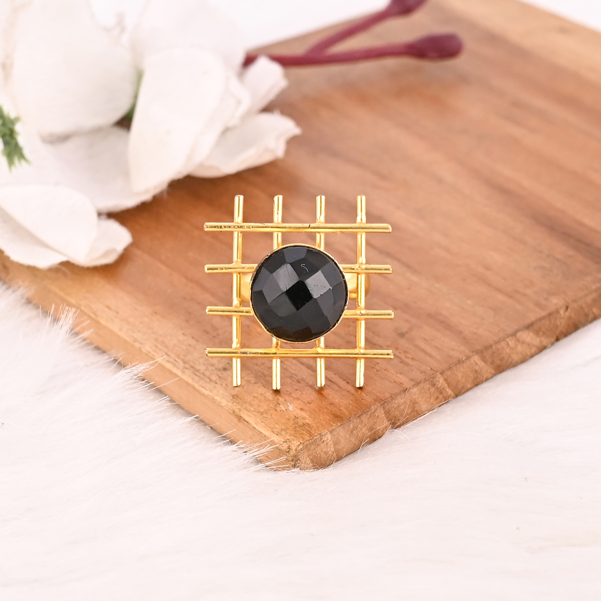 Black Onyx Ring Handmade Adjustable Stylish Brass Jewelry for Women