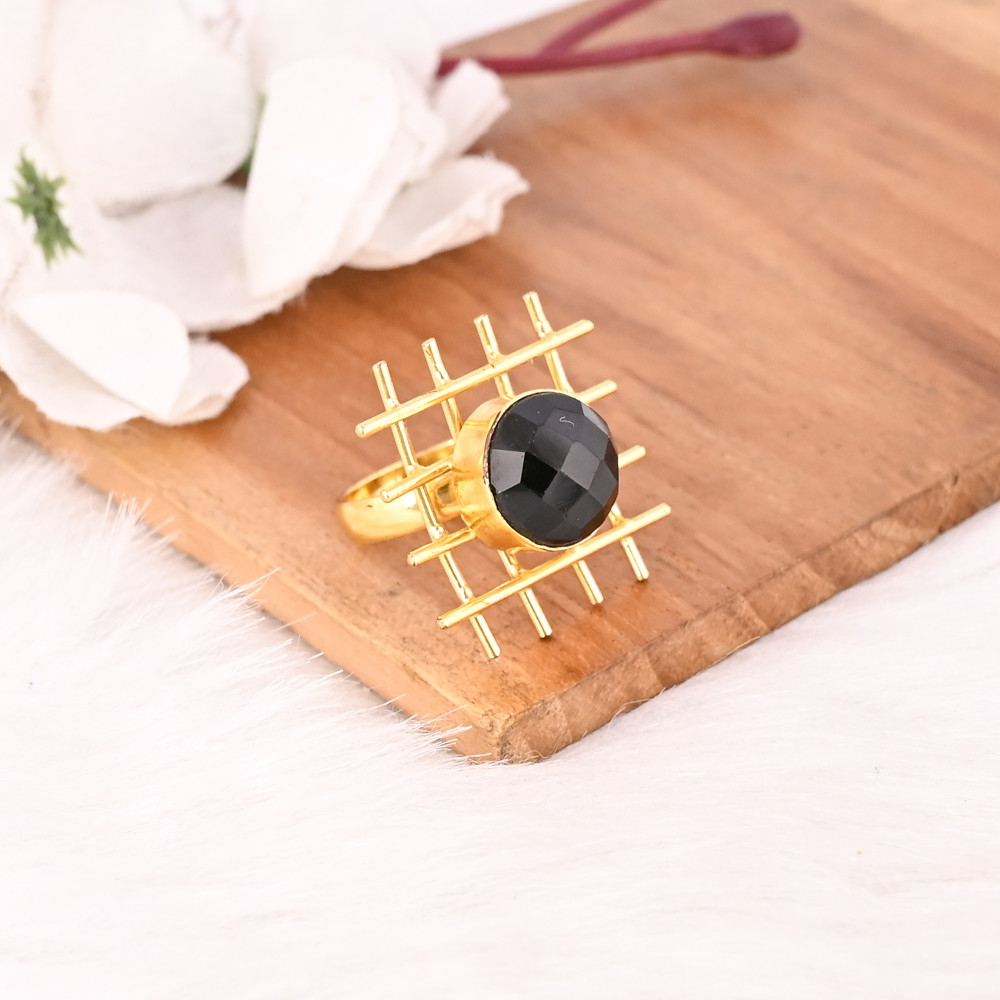 Image of Black Onyx Ring Handmade Adjustable Stylish Brass Jewelry for Women