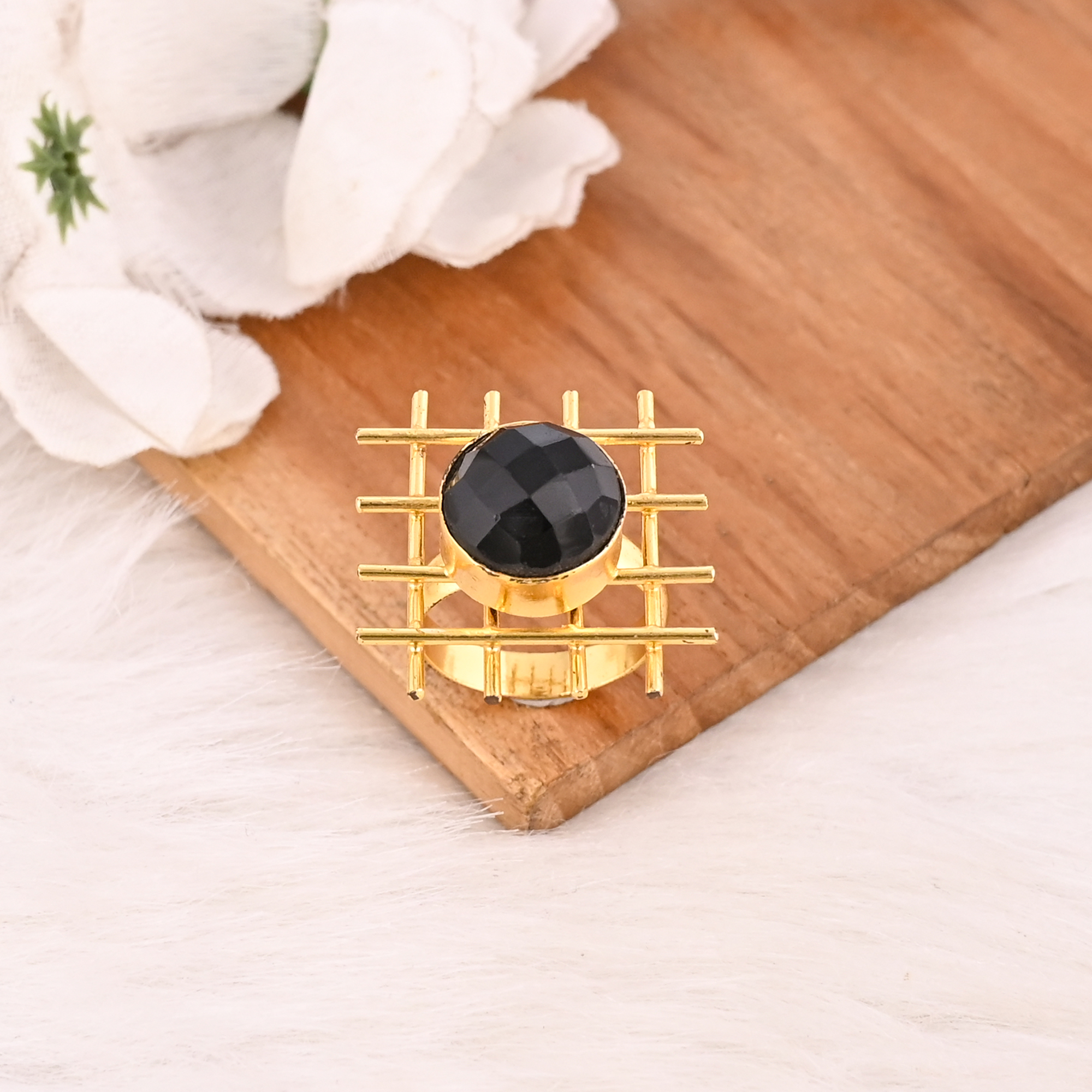 Black Onyx Ring Handmade Adjustable Stylish Brass Jewelry for Women