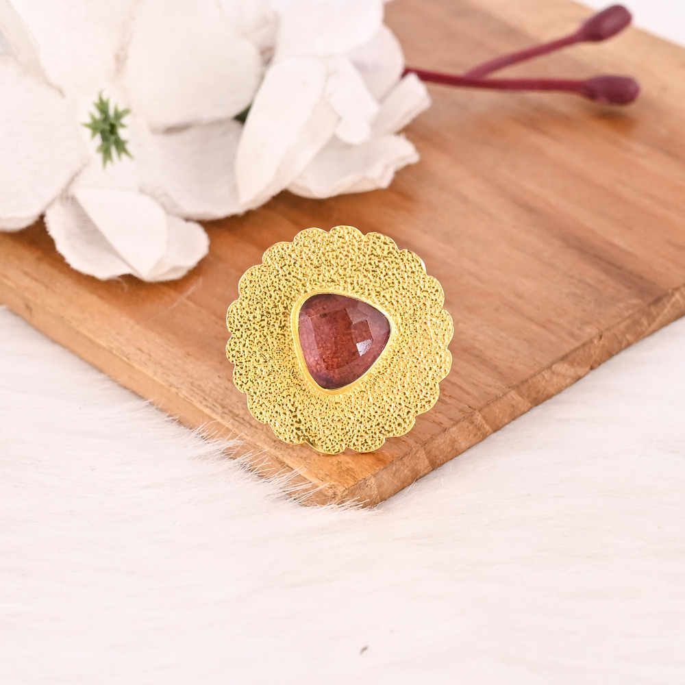 Image of Pink Tourmaline Hydro Brass Ring for Women Gold Plated Adjustable Fashion Jewelry