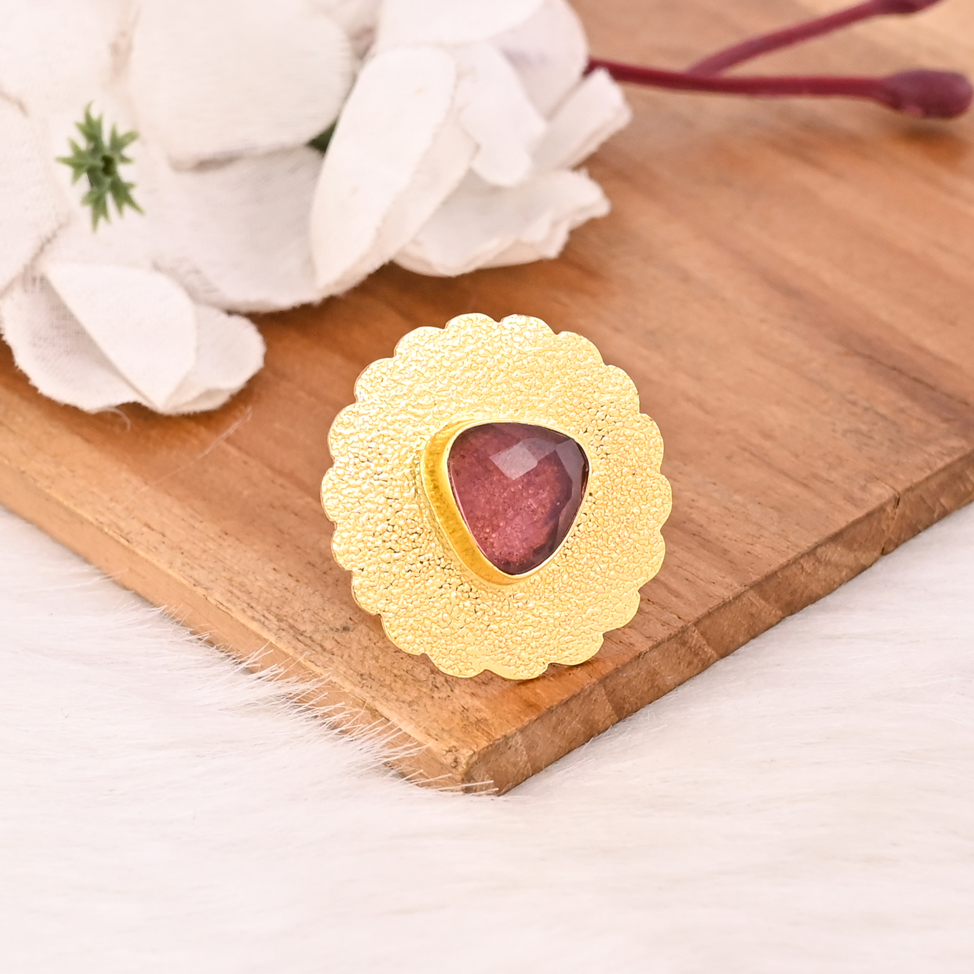 Pink Tourmaline Hydro Brass Ring for Women Gold Plated Adjustable Fashion Jewelry