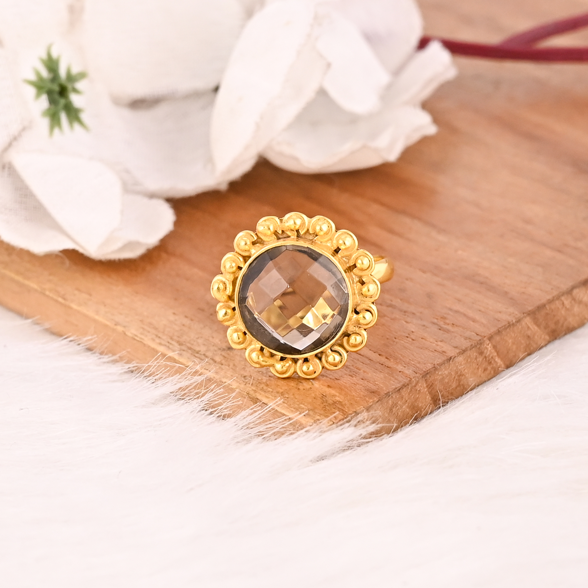 Natural Smoky Quartz Brass Ring Handmade Gemstone Jewelry for Women