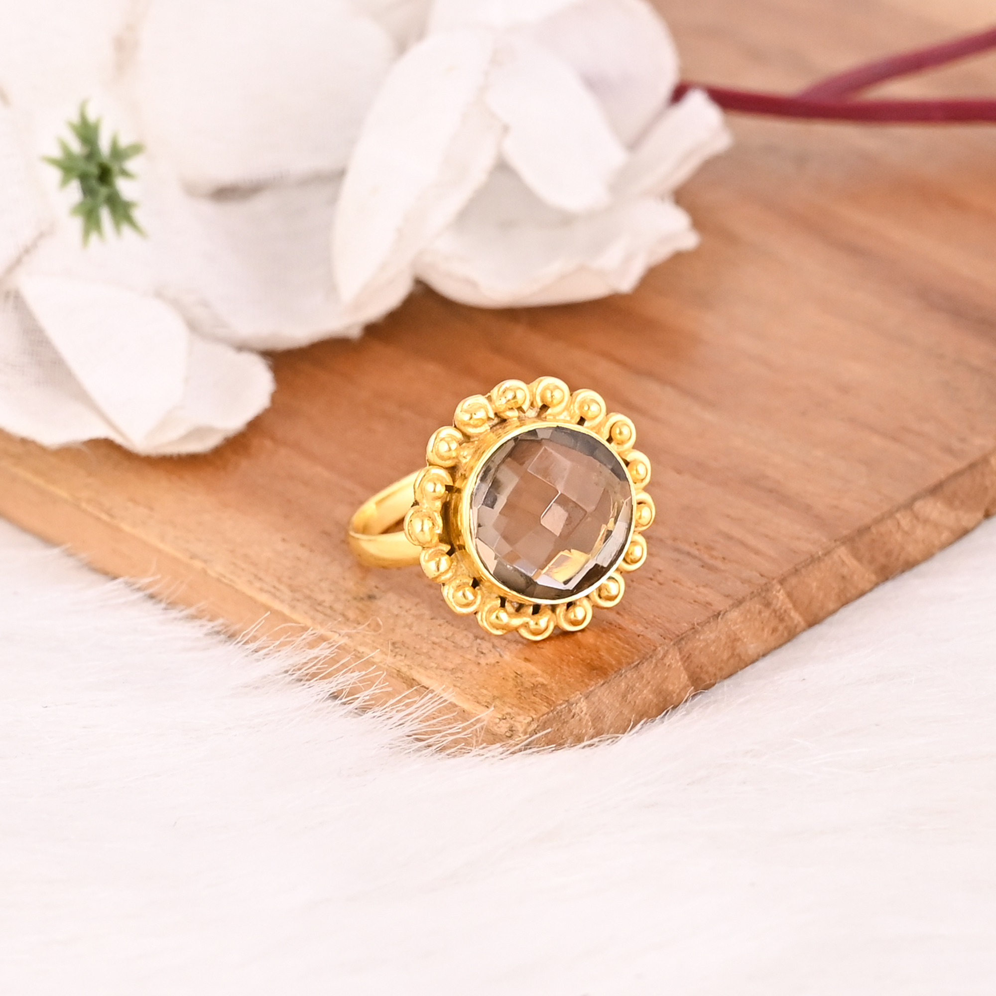 Natural Smoky Quartz Brass Ring Handmade Gemstone Jewelry for Women
