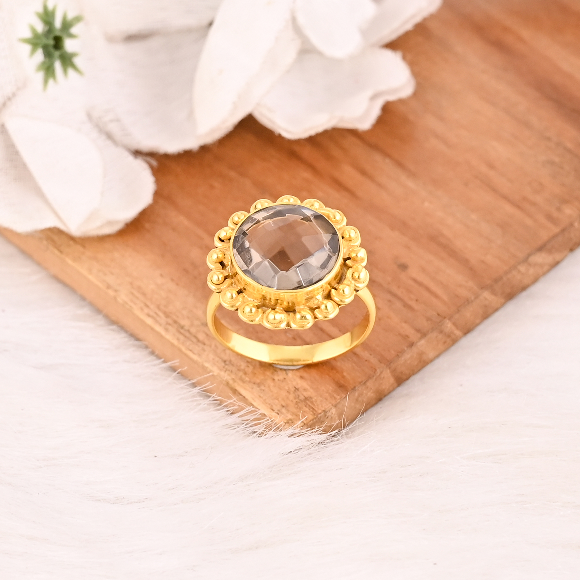 Natural Smoky Quartz Brass Ring Handmade Gemstone Jewelry for Women