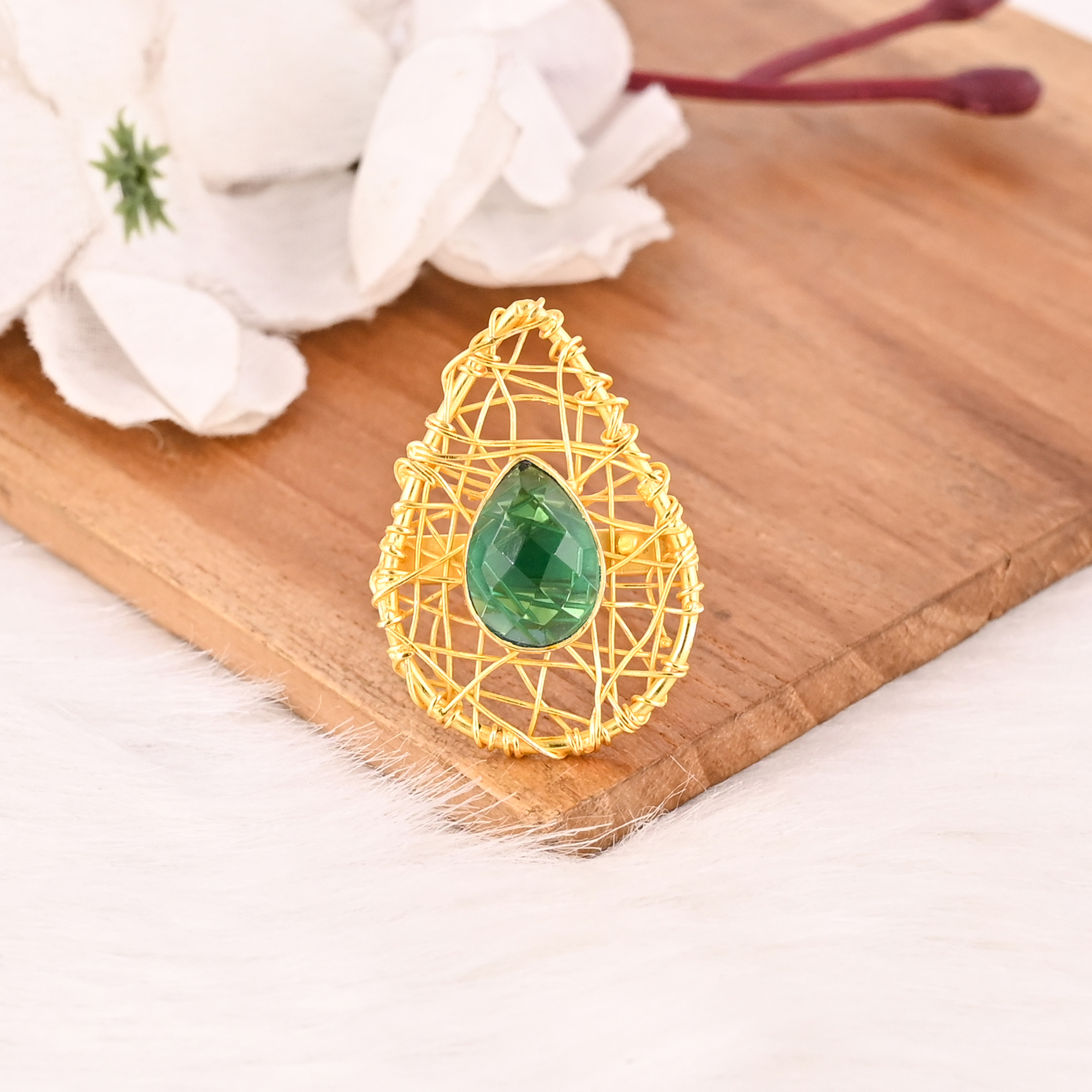 Green Hydro Brass Ring Handmade Adjustable Style Gemstone Jewelry for Women