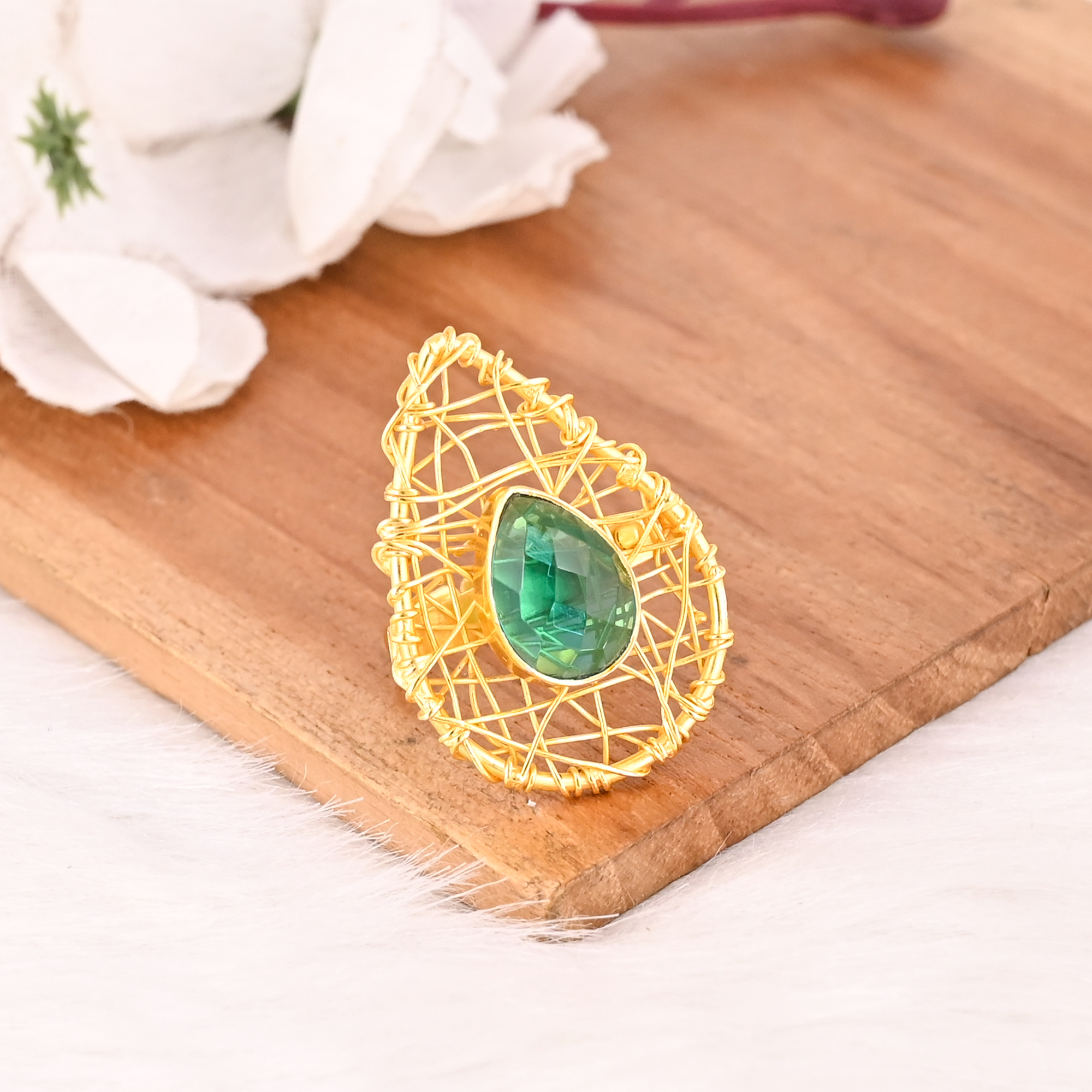 Green Hydro Brass Ring Handmade Adjustable Style Gemstone Jewelry for Women