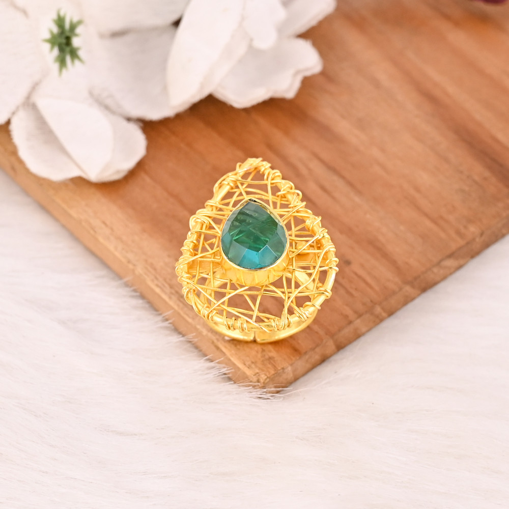 Image of Green Hydro Brass Ring Handmade Adjustable Style Gemstone Jewelry for Women