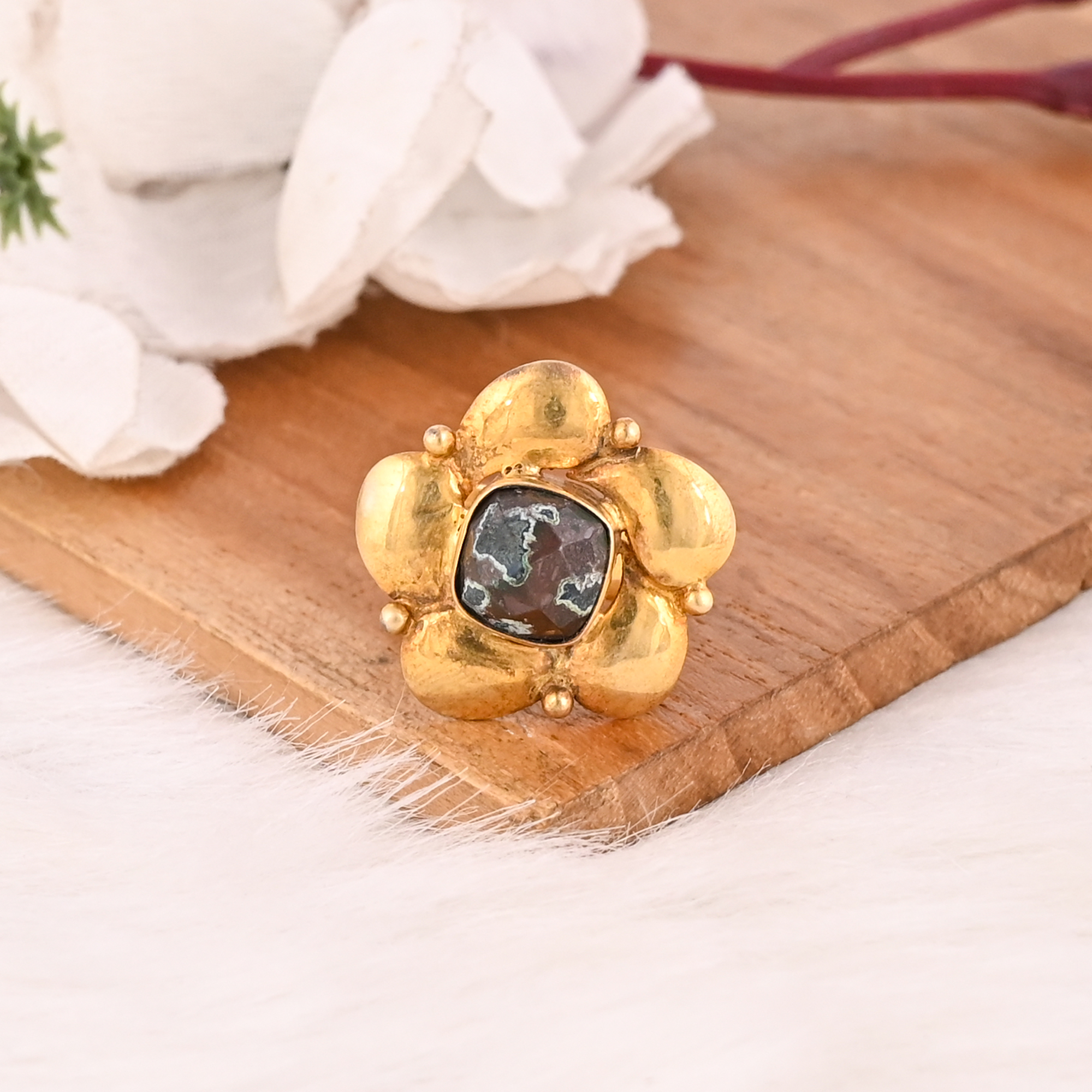 Natural Chrysocolla Gemstone Floral Ring Handmade Stylish Jewelry for Women