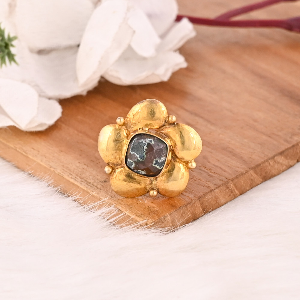 Image of Natural Chrysocolla Gemstone Floral Ring Handmade Stylish Jewelry for Women