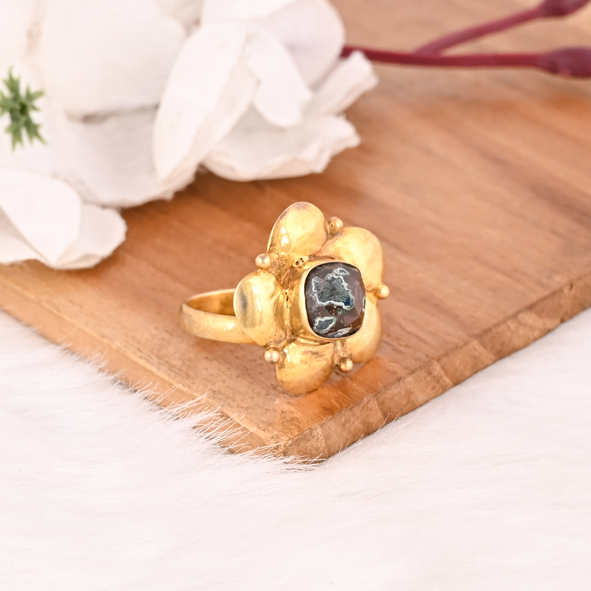Natural Chrysocolla Gemstone Floral Ring Handmade Stylish Jewelry for Women