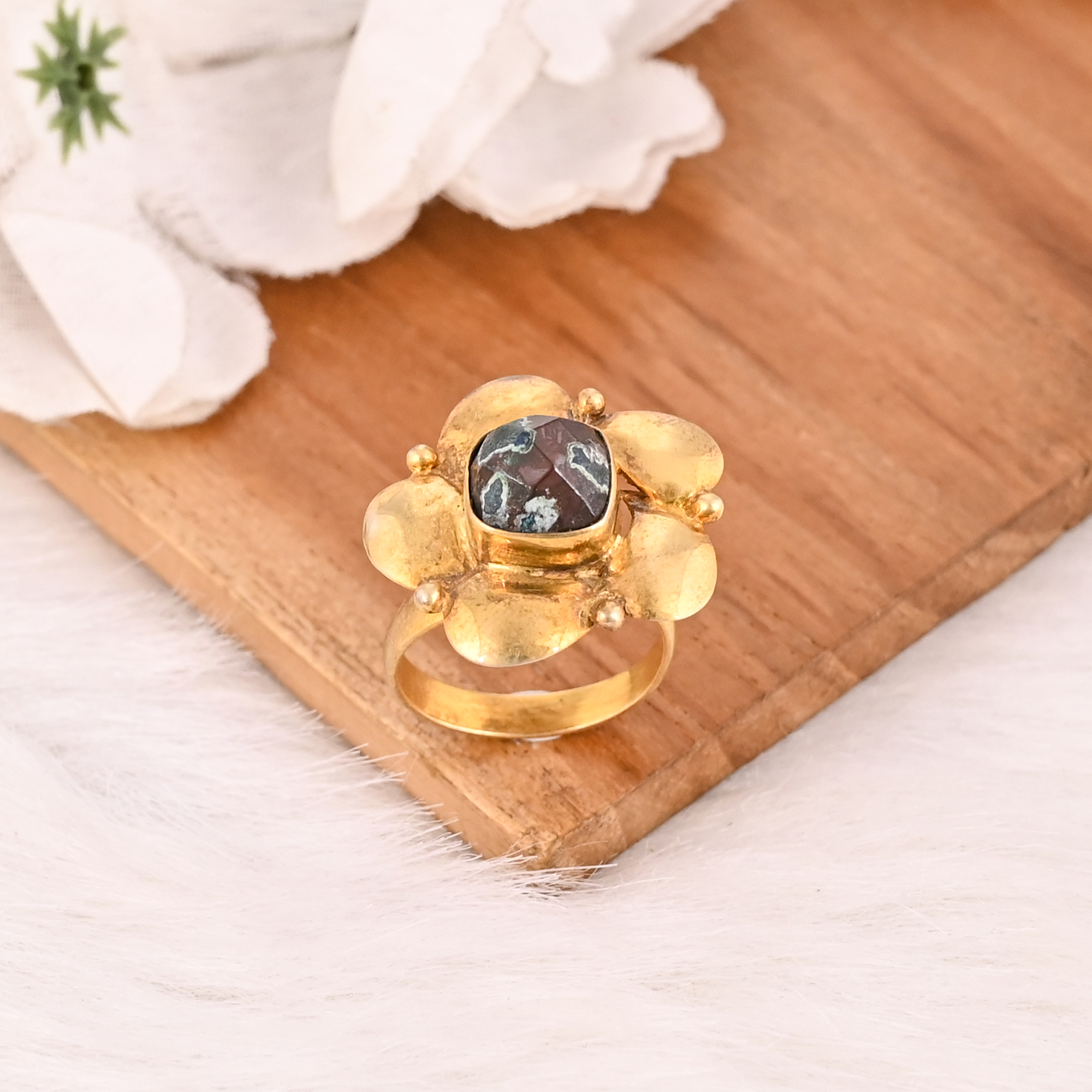 Natural Chrysocolla Gemstone Floral Ring Handmade Stylish Jewelry for Women
