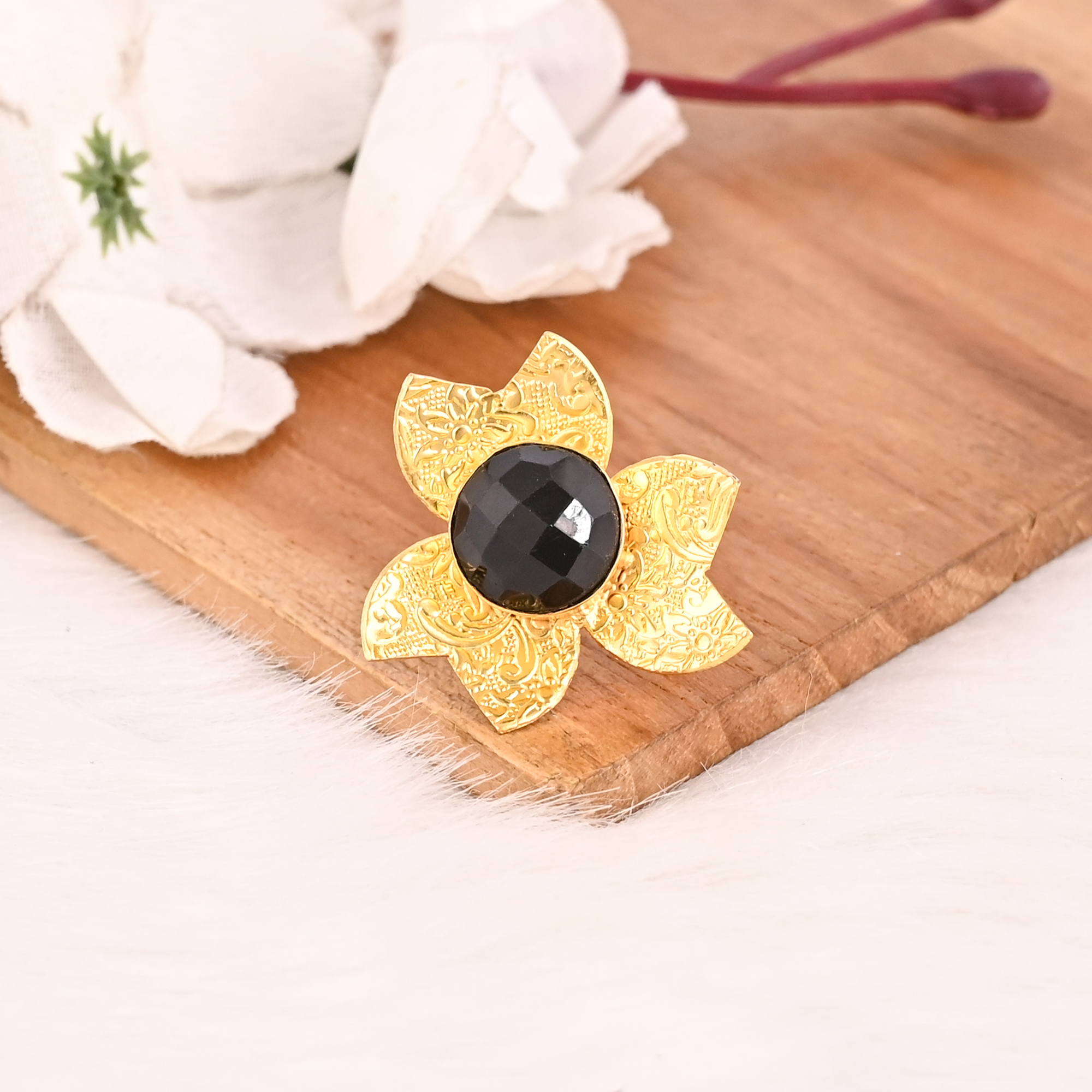 Handmade Gold Plated Black Onyx Brass Ring Adjustable Gemstone Jewelry Trendy for Women