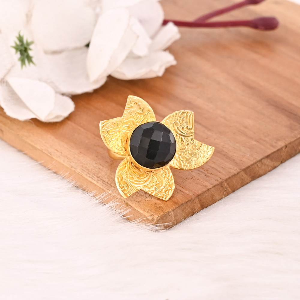 Image of Handmade Gold Plated Black Onyx Brass Ring Adjustable Gemstone Jewelry Trendy for Women