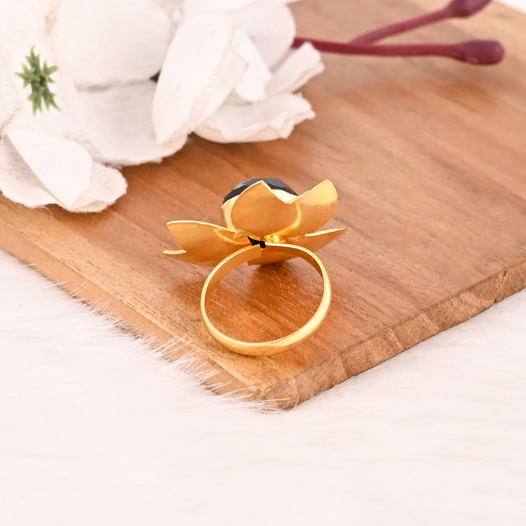 Handmade Gold Plated Black Onyx Brass Ring Adjustable Gemstone Jewelry Trendy for Women