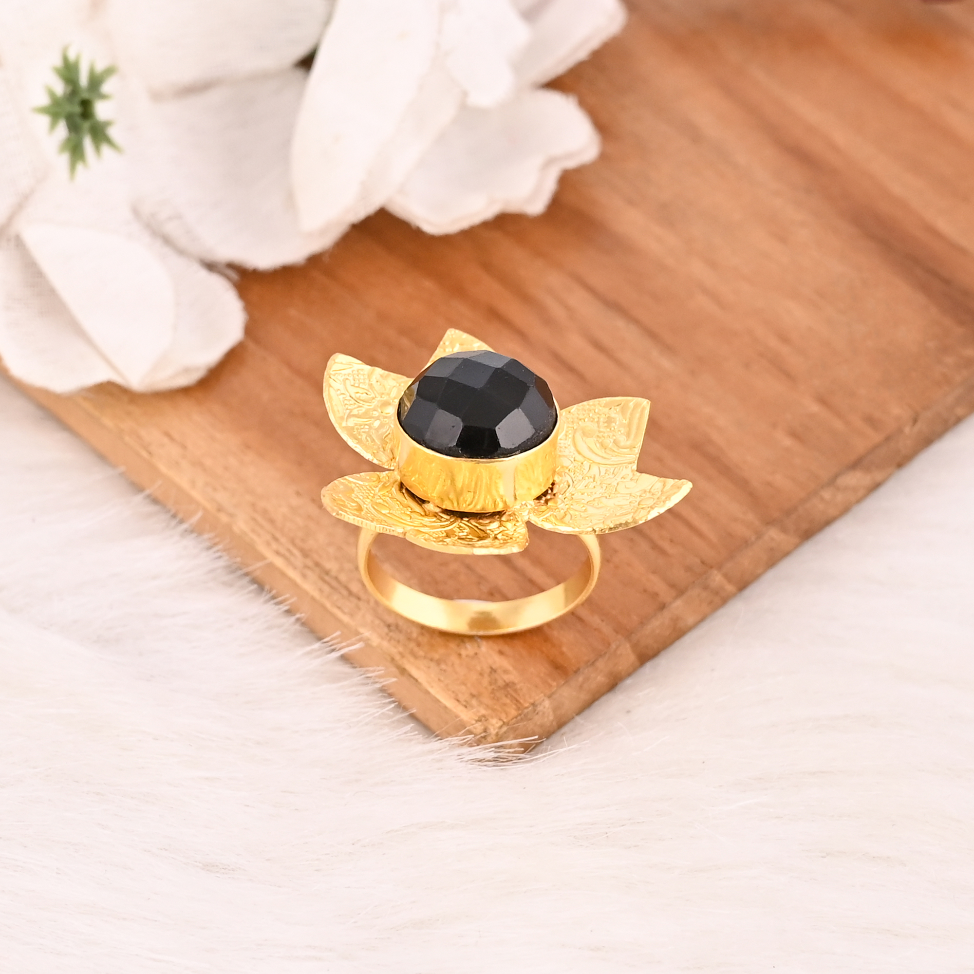 Handmade Gold Plated Black Onyx Brass Ring Adjustable Gemstone Jewelry Trendy for Women