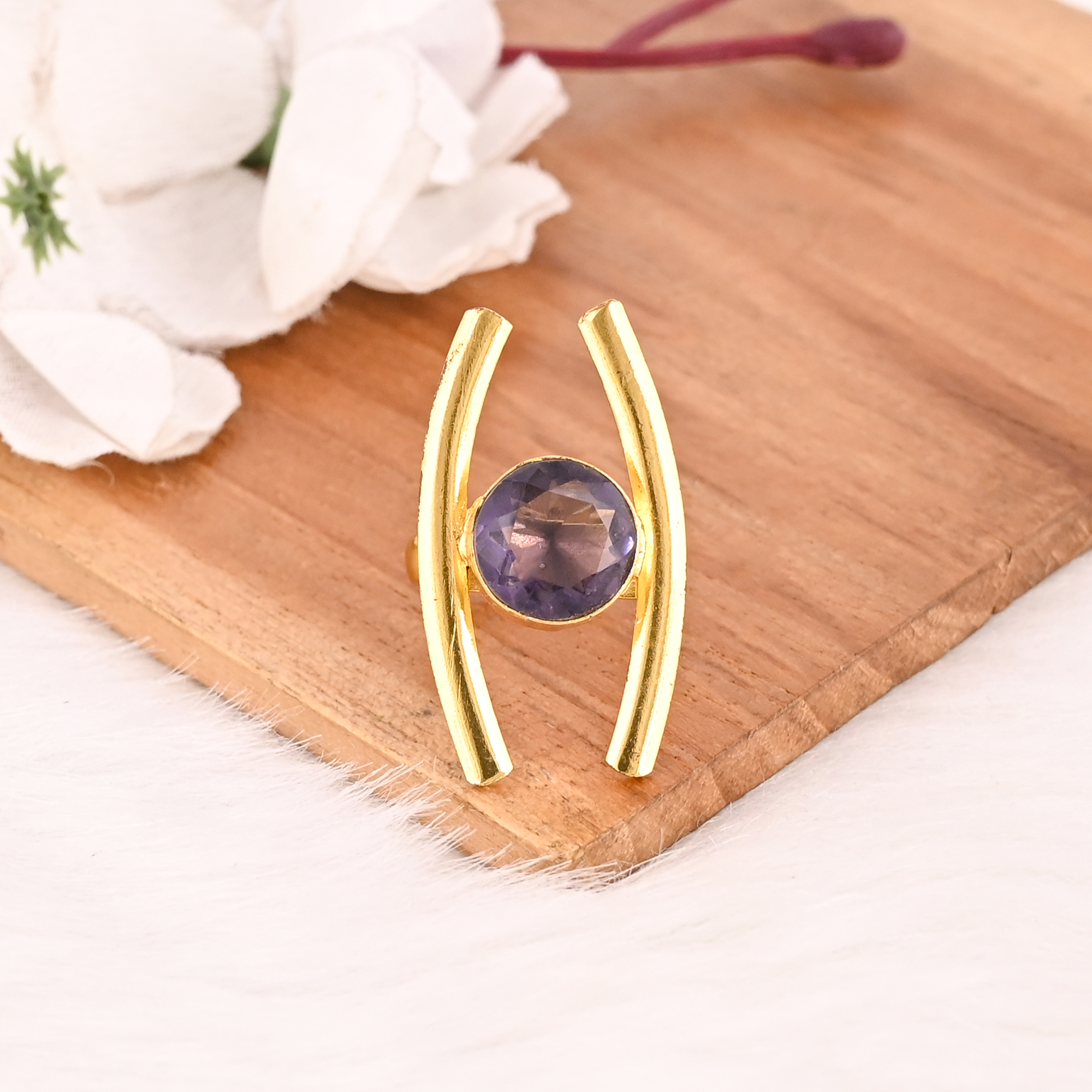 Purple Amethyst Hydro Stone Gold Plated Brass Ring Handmade Trendy Gemstone Jewelry for Women
