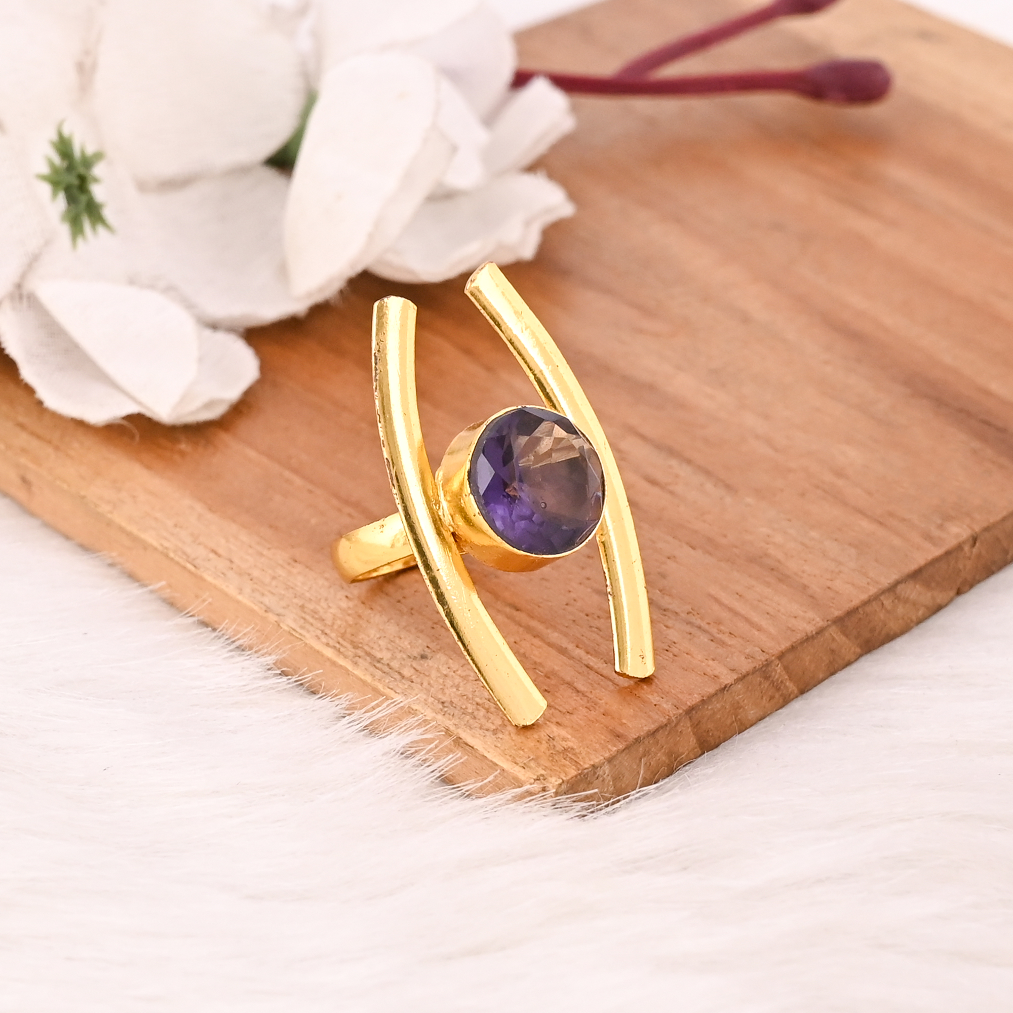 Purple Amethyst Hydro Stone Gold Plated Brass Ring Handmade Trendy Gemstone Jewelry for Women