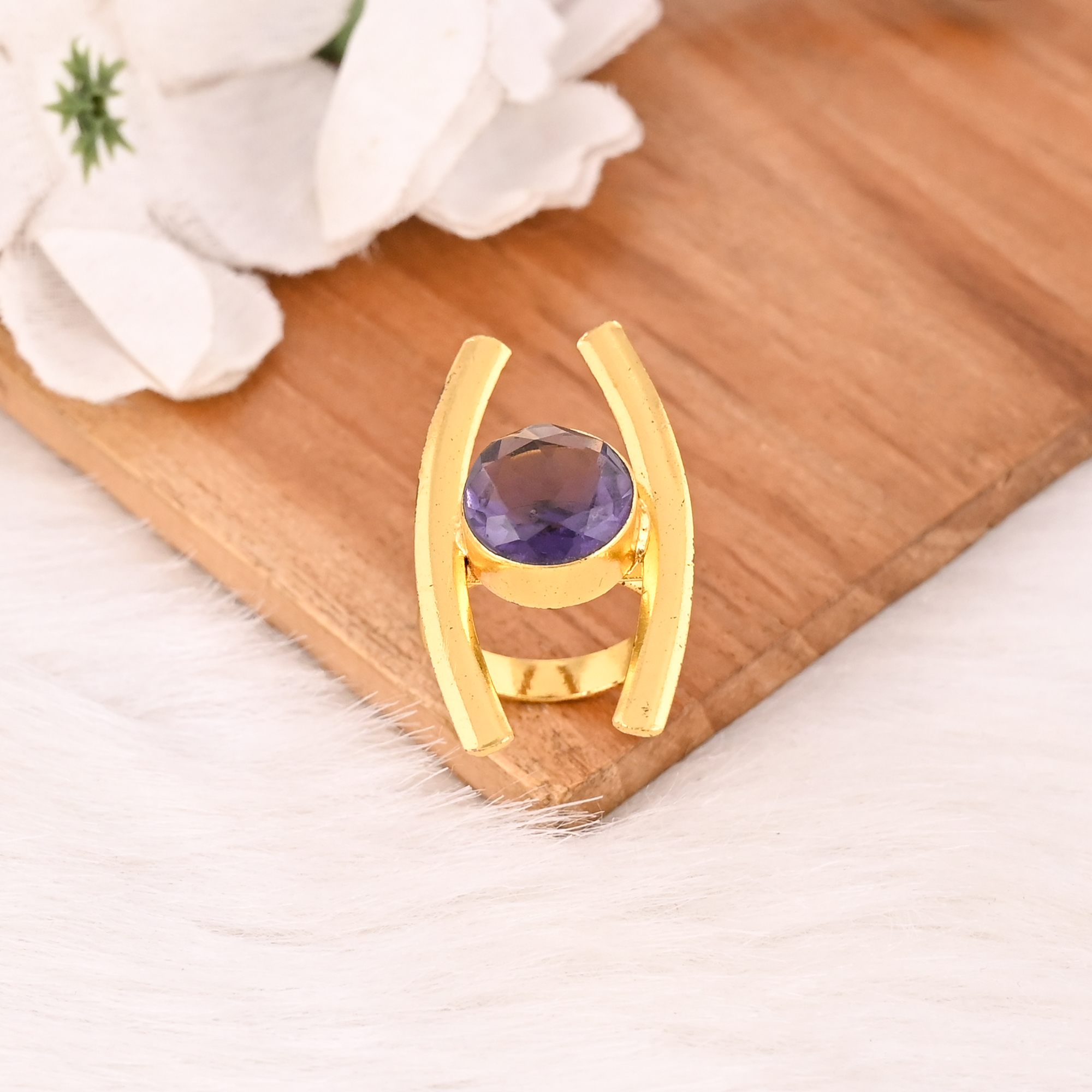 Purple Amethyst Hydro Stone Gold Plated Brass Ring Handmade Trendy Gemstone Jewelry for Women