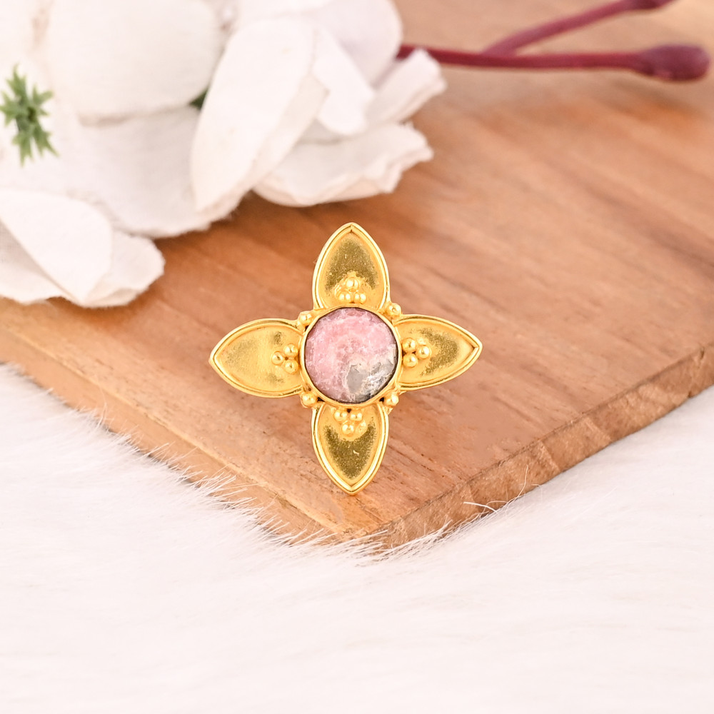 Image of Vintage Stylish Rhodochrosite Floral Ring Handmade Natural Gemstone Jewelry for Women