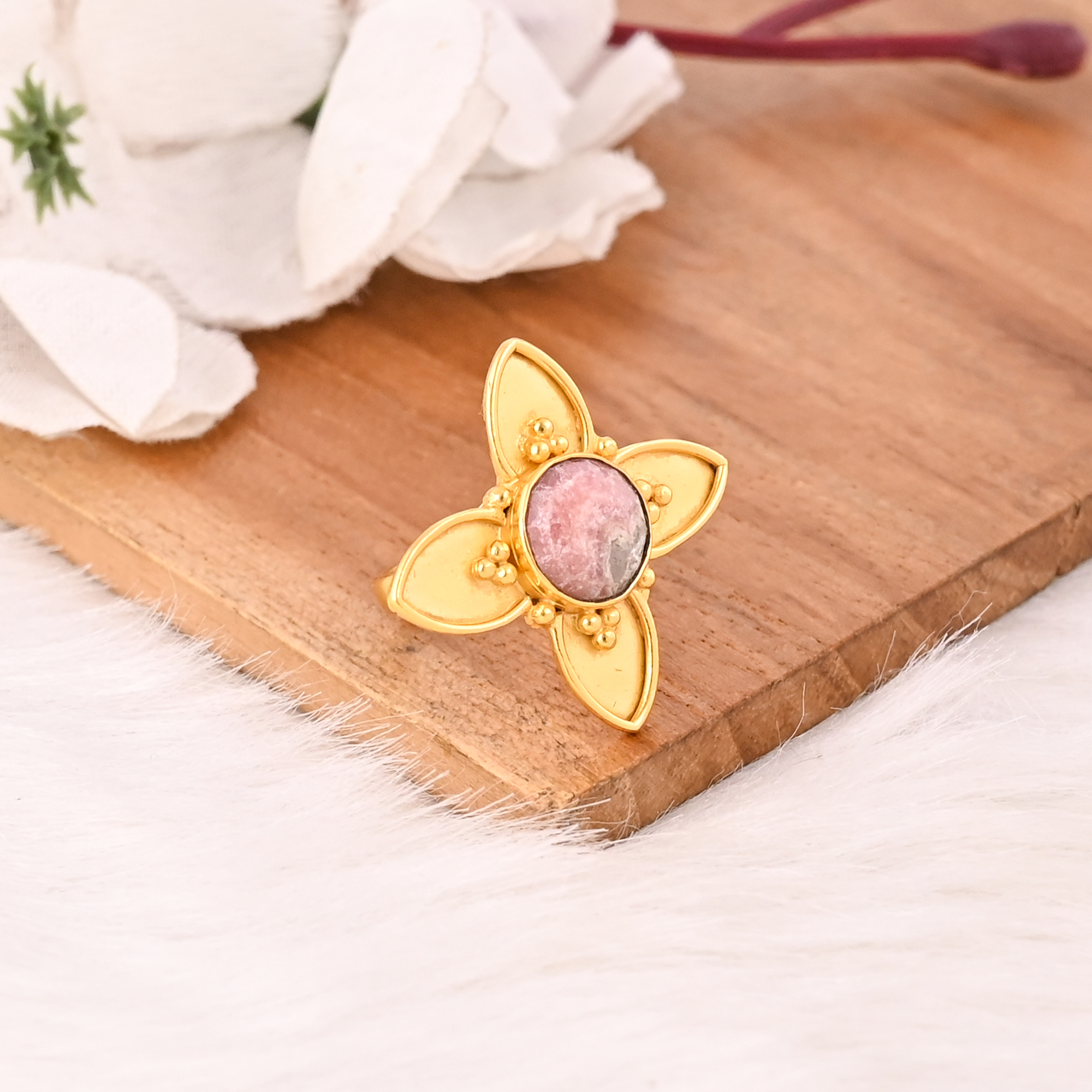 Vintage Stylish Rhodochrosite Floral Ring Handmade Natural Gemstone Jewelry for Women