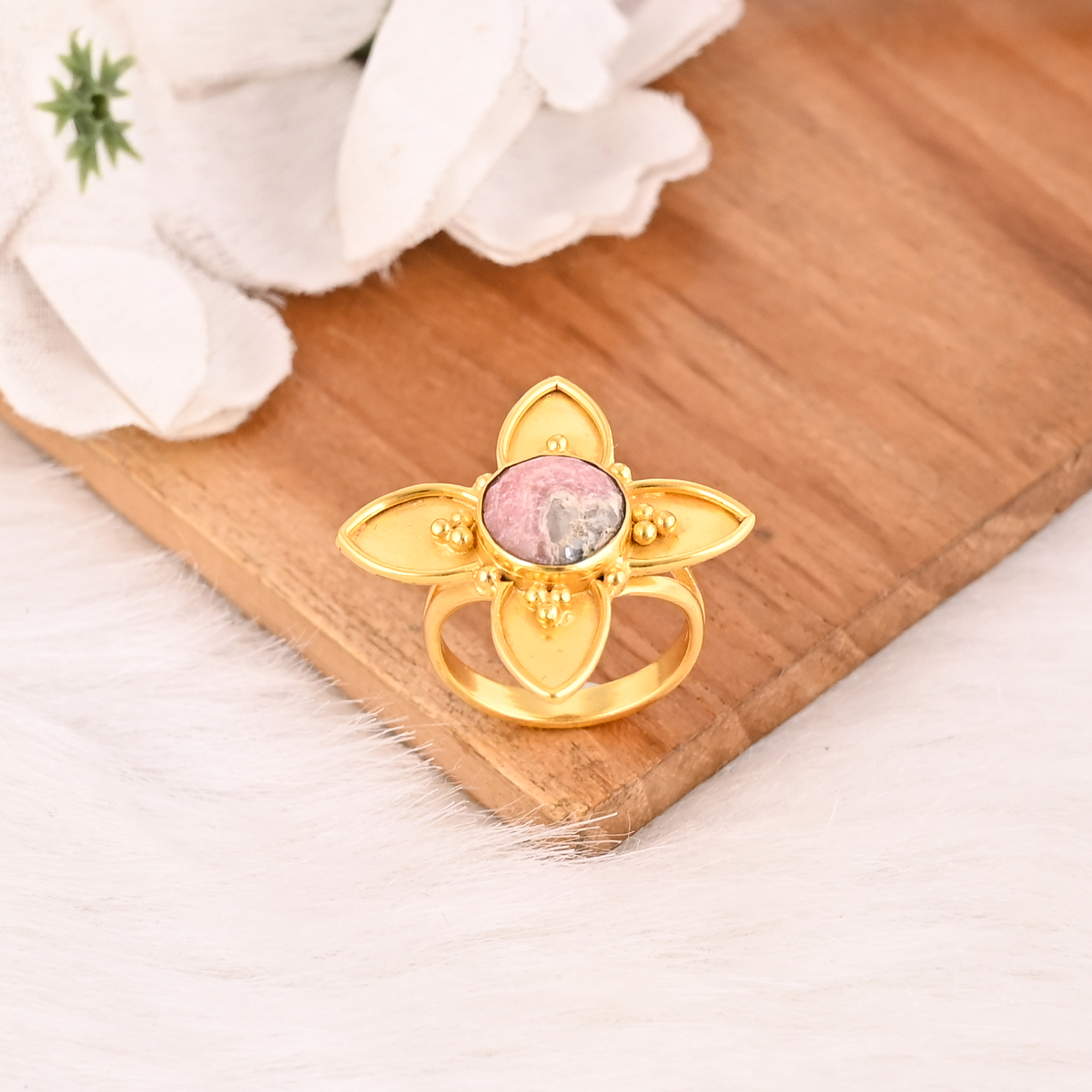 Vintage Stylish Rhodochrosite Floral Ring Handmade Natural Gemstone Jewelry for Women