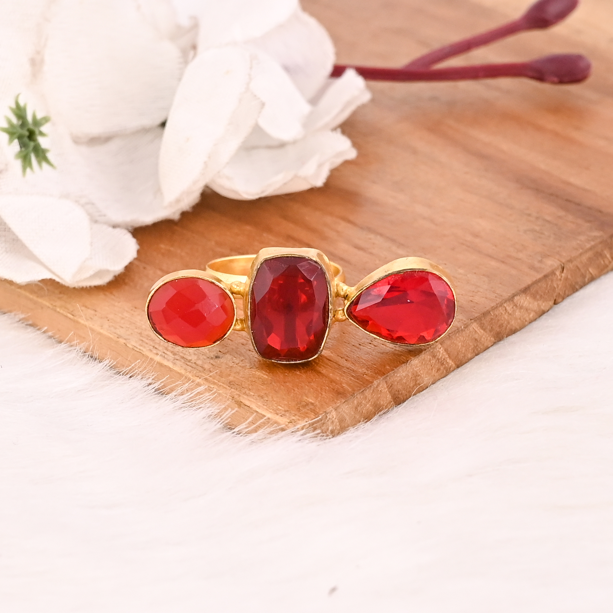 Stylish Garnet Hydro Triple Stone Ring Handmade Gemstone Adjustable Fashion Jewelry