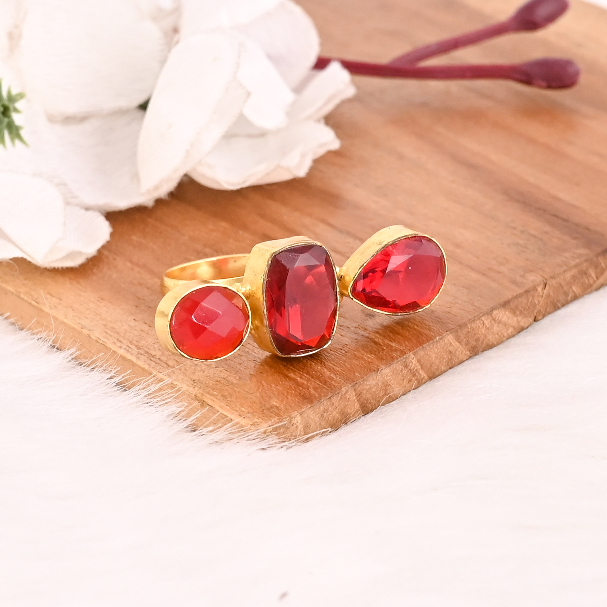 Stylish Garnet Hydro Triple Stone Ring Handmade Gemstone Adjustable Fashion Jewelry