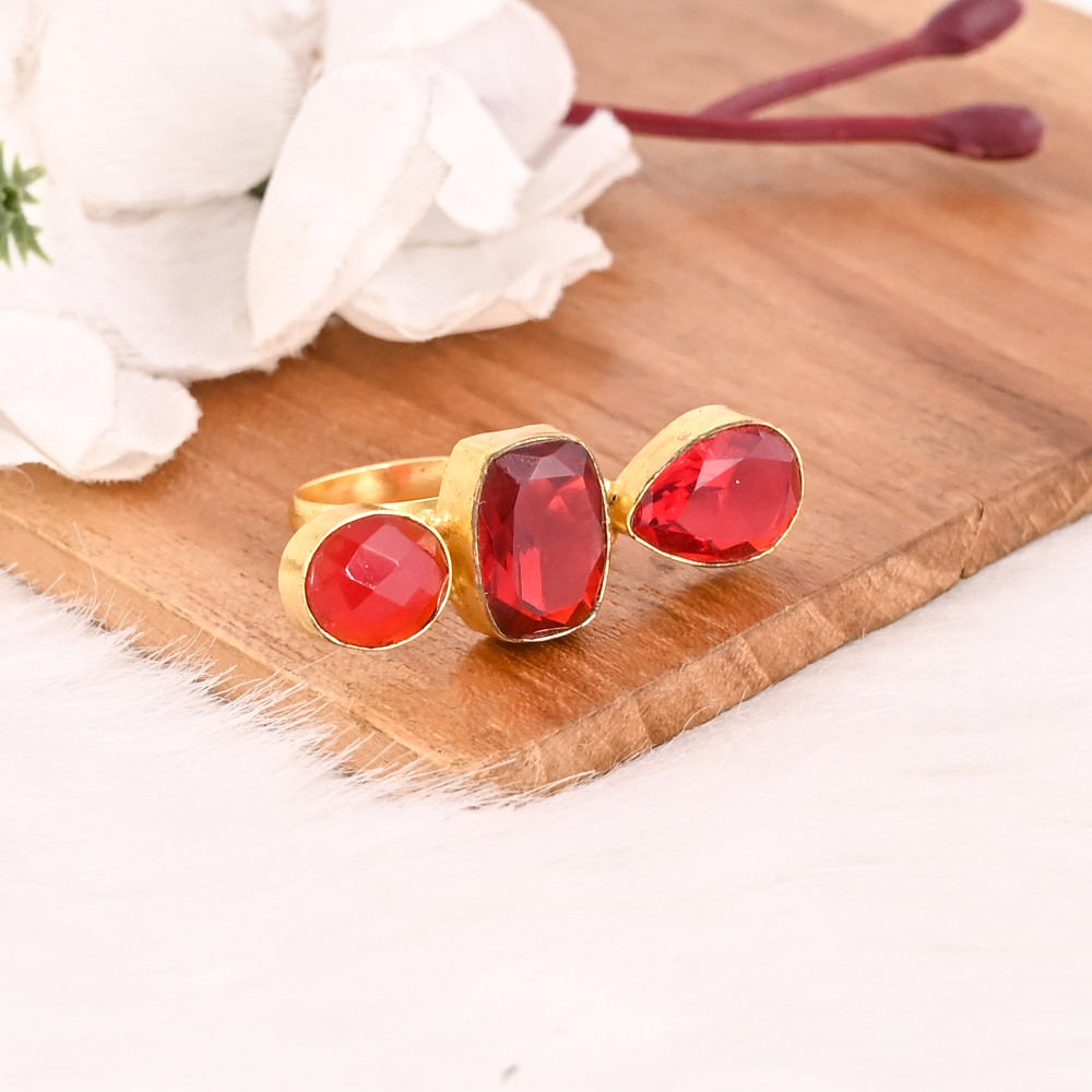Image of Stylish Garnet Hydro Triple Stone Ring Handmade Gemstone Adjustable Fashion Jewelry