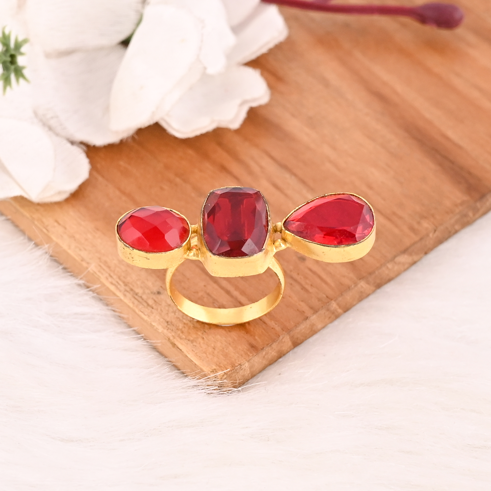 Stylish Garnet Hydro Triple Stone Ring Handmade Gemstone Adjustable Fashion Jewelry