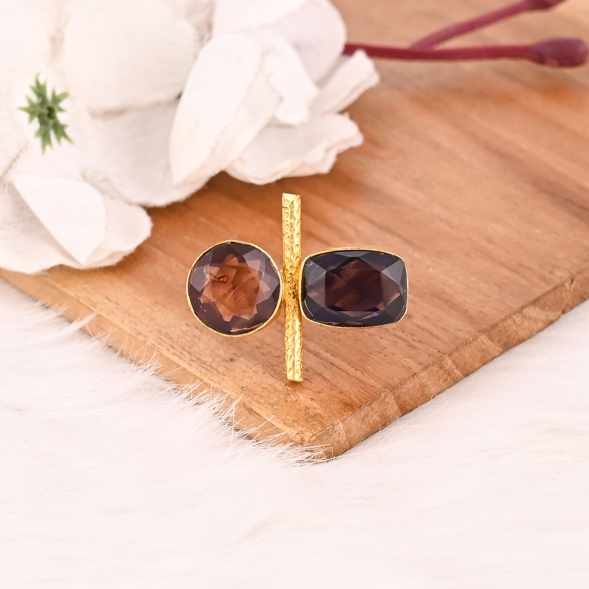 Pink Amethyst Hydro  Purple Amethyst Hydro Two Stone Ring Gold Plated Adjustable Fashion Jewelry