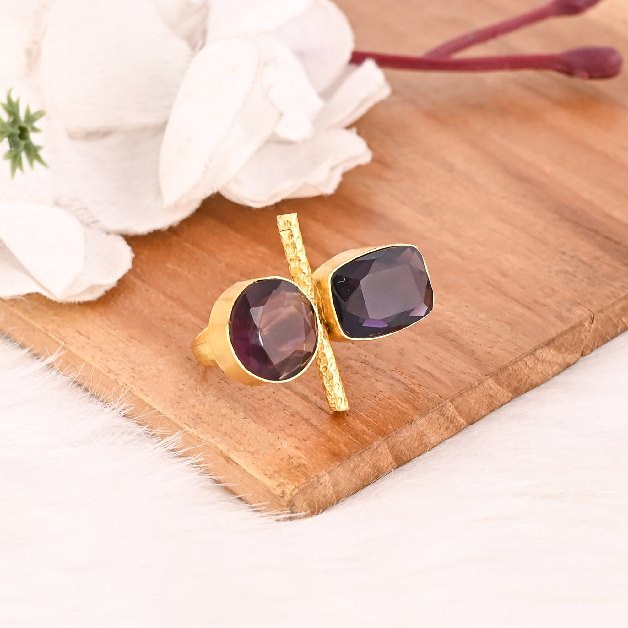 Pink Amethyst Hydro  Purple Amethyst Hydro Two Stone Ring Gold Plated Adjustable Fashion Jewelry