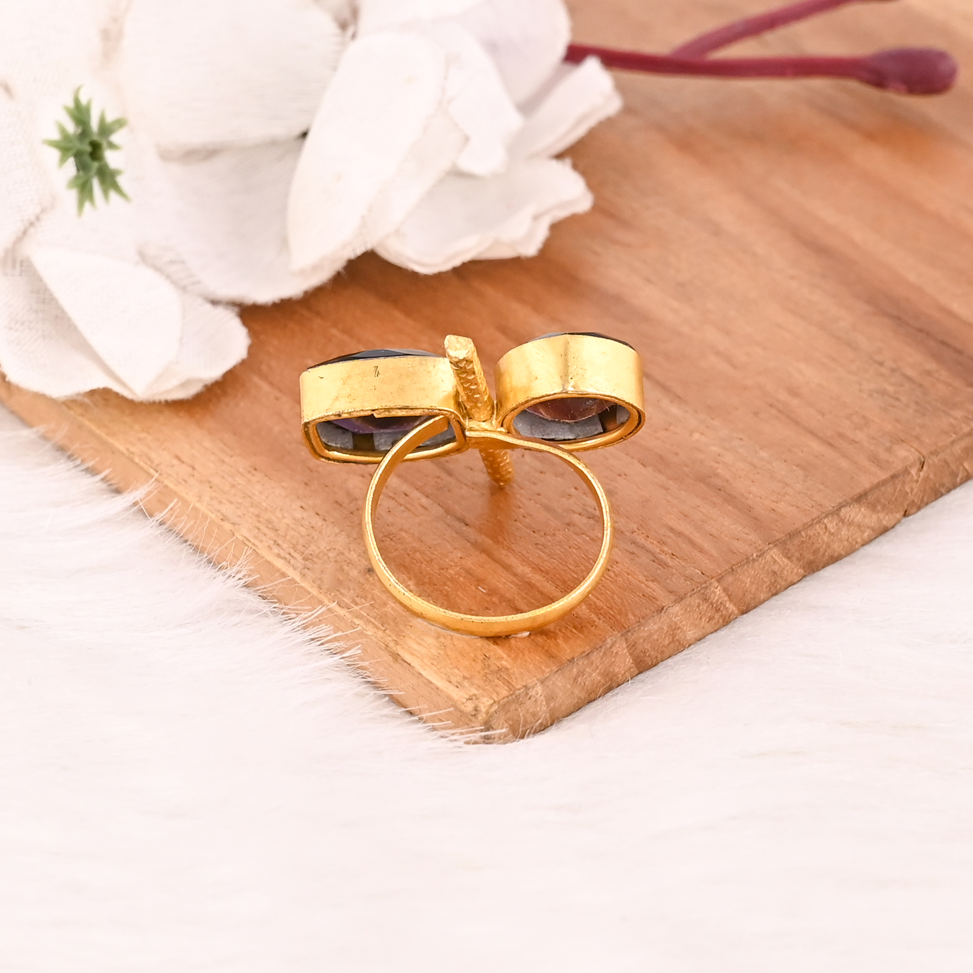 Pink Amethyst Hydro  Purple Amethyst Hydro Two Stone Ring Gold Plated Adjustable Fashion Jewelry
