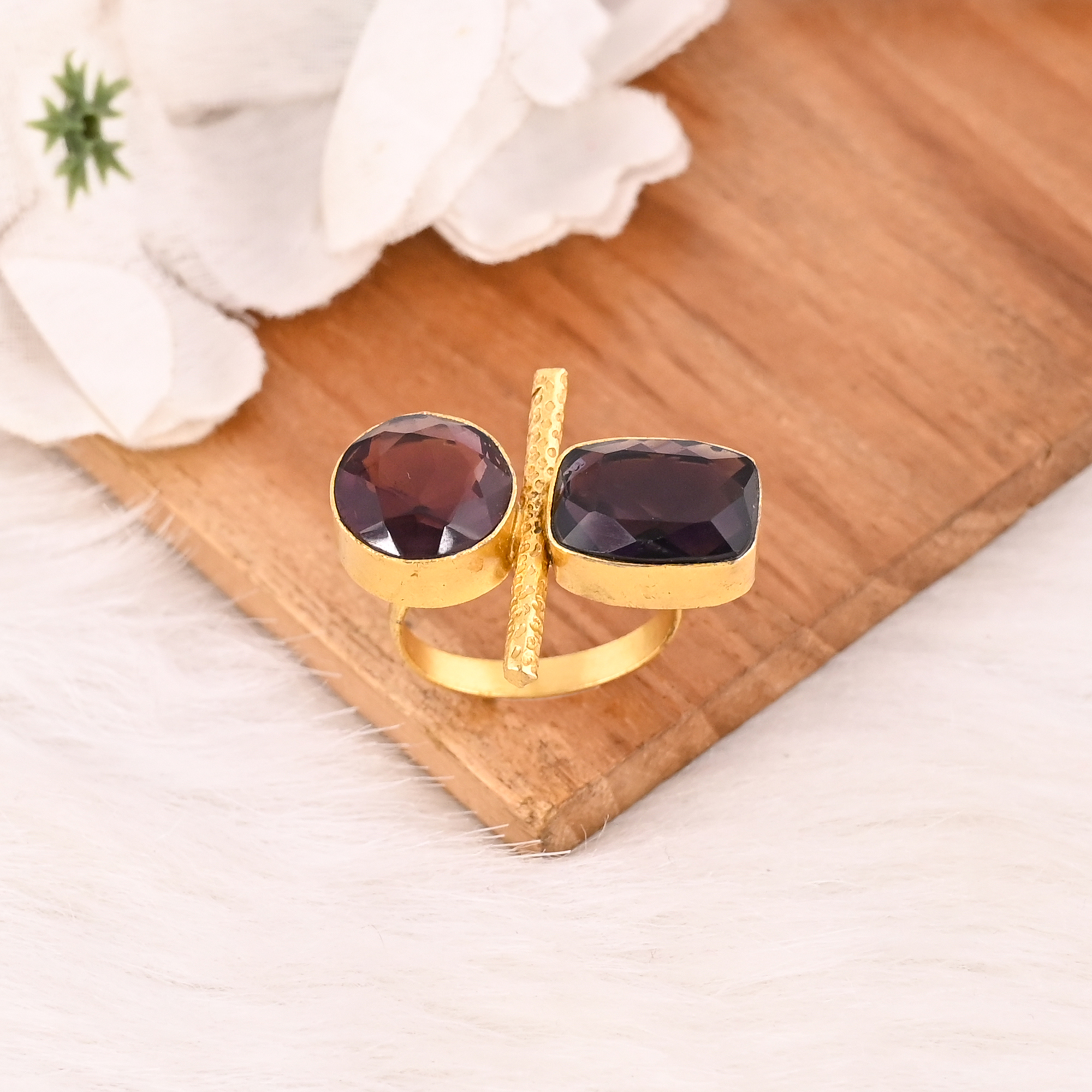 Pink Amethyst Hydro  Purple Amethyst Hydro Two Stone Ring Gold Plated Adjustable Fashion Jewelry