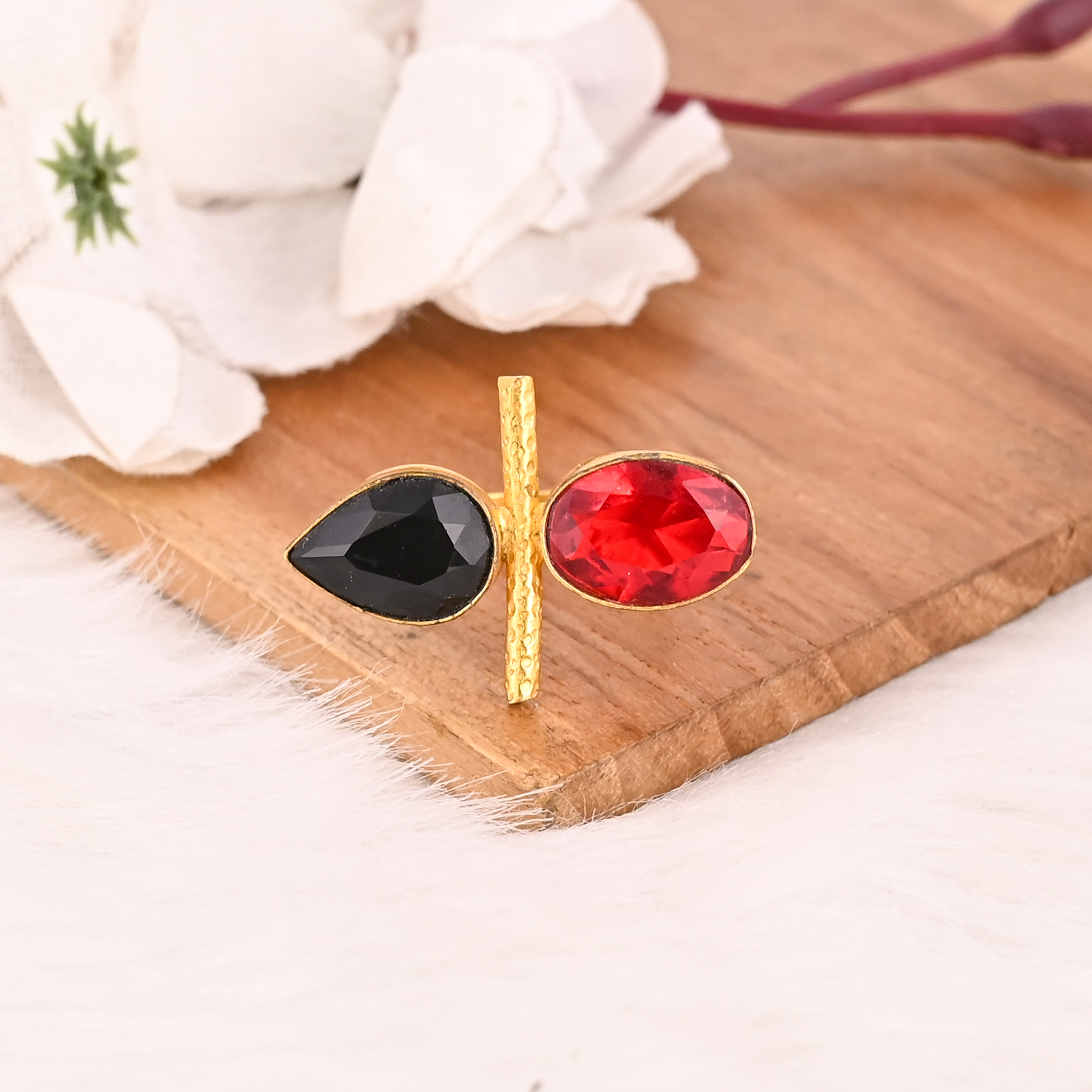 Black Onyx  Garnet Hydro Ring for Women Gold Plated Adjustable Fashion Jewelry