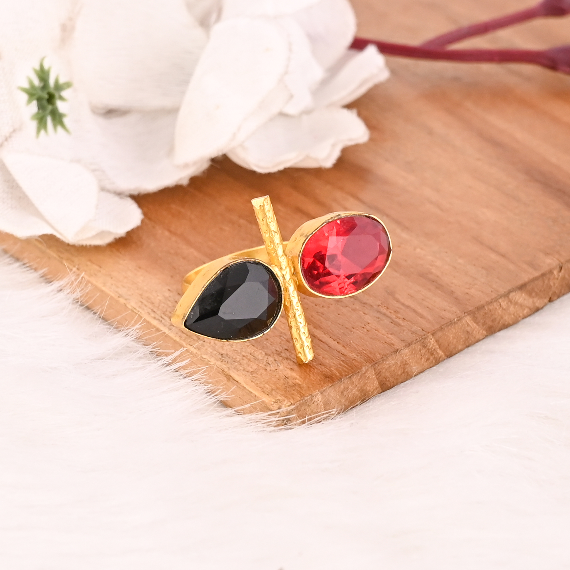 Black Onyx  Garnet Hydro Ring for Women Gold Plated Adjustable Fashion Jewelry