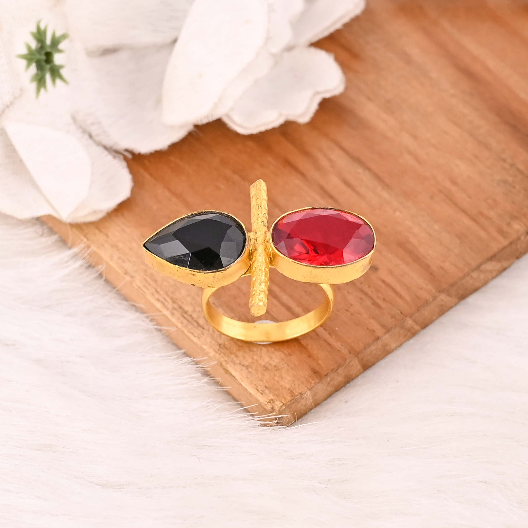 Black Onyx  Garnet Hydro Ring for Women Gold Plated Adjustable Fashion Jewelry