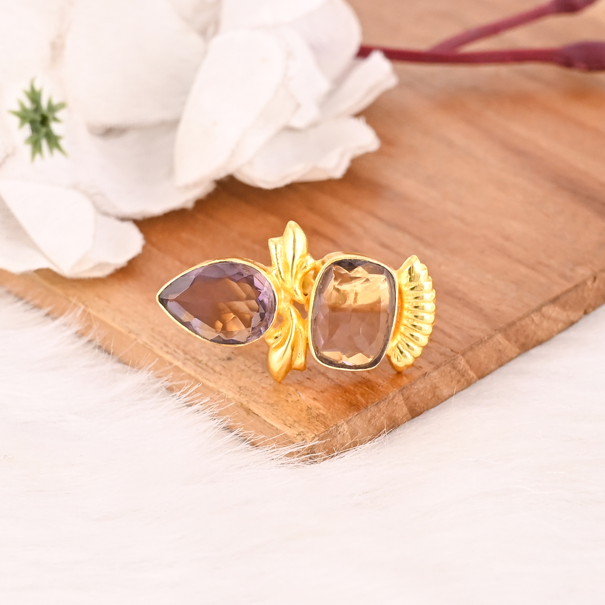 Stylish Purple Amethyst Hydro Two Stone Ring for Women Gold Plated Adjustable Fashion Jewelry